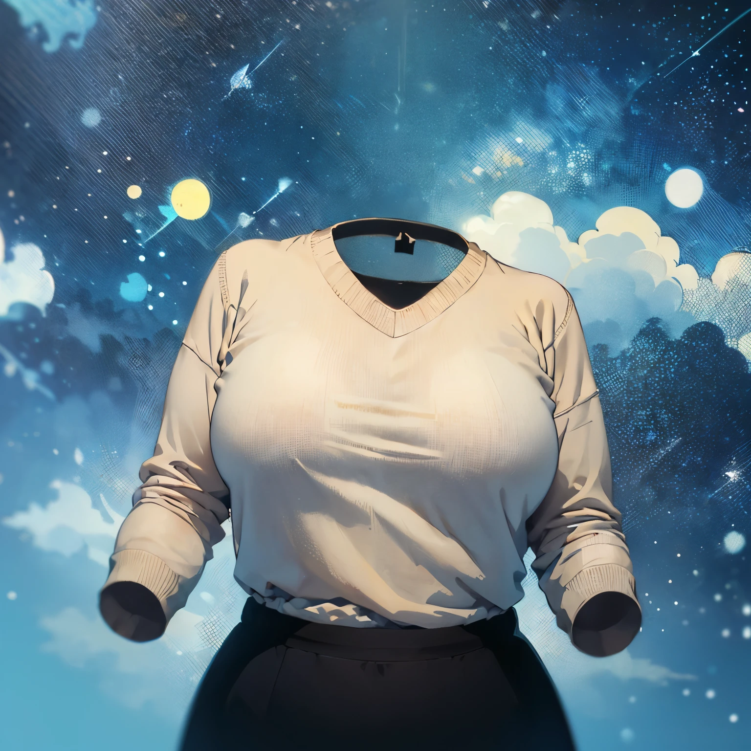 absurdres, highres, ultra detailed, sweater and leggings, cute big breasts, (invisible, no human, headless, handless:1.5), chubby, (close up to breasts), cute pose