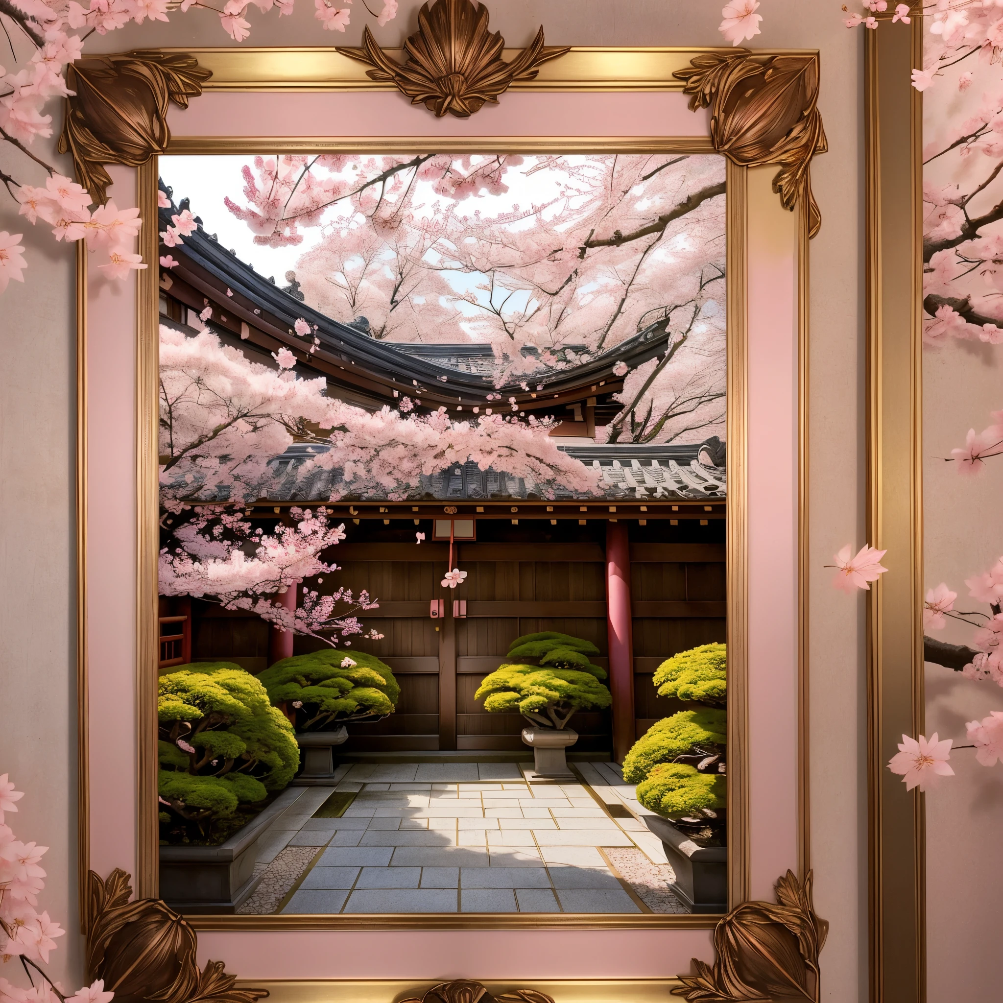 large vertical picture frame hanging on a wall, japanese theme decor around it, cherry blossoms, maple leafs, pink and gold