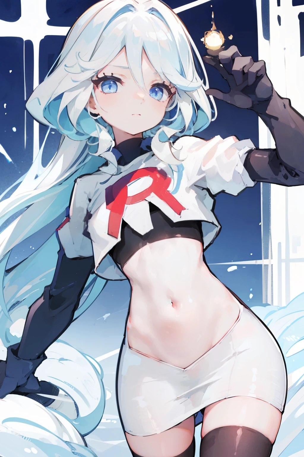 One girl, Delicate face, of the highest quality, The 8k quality, team rocket,team rocket uniform,white skirt,red letter R,crop top,black thigh-highs,black elbow gloves