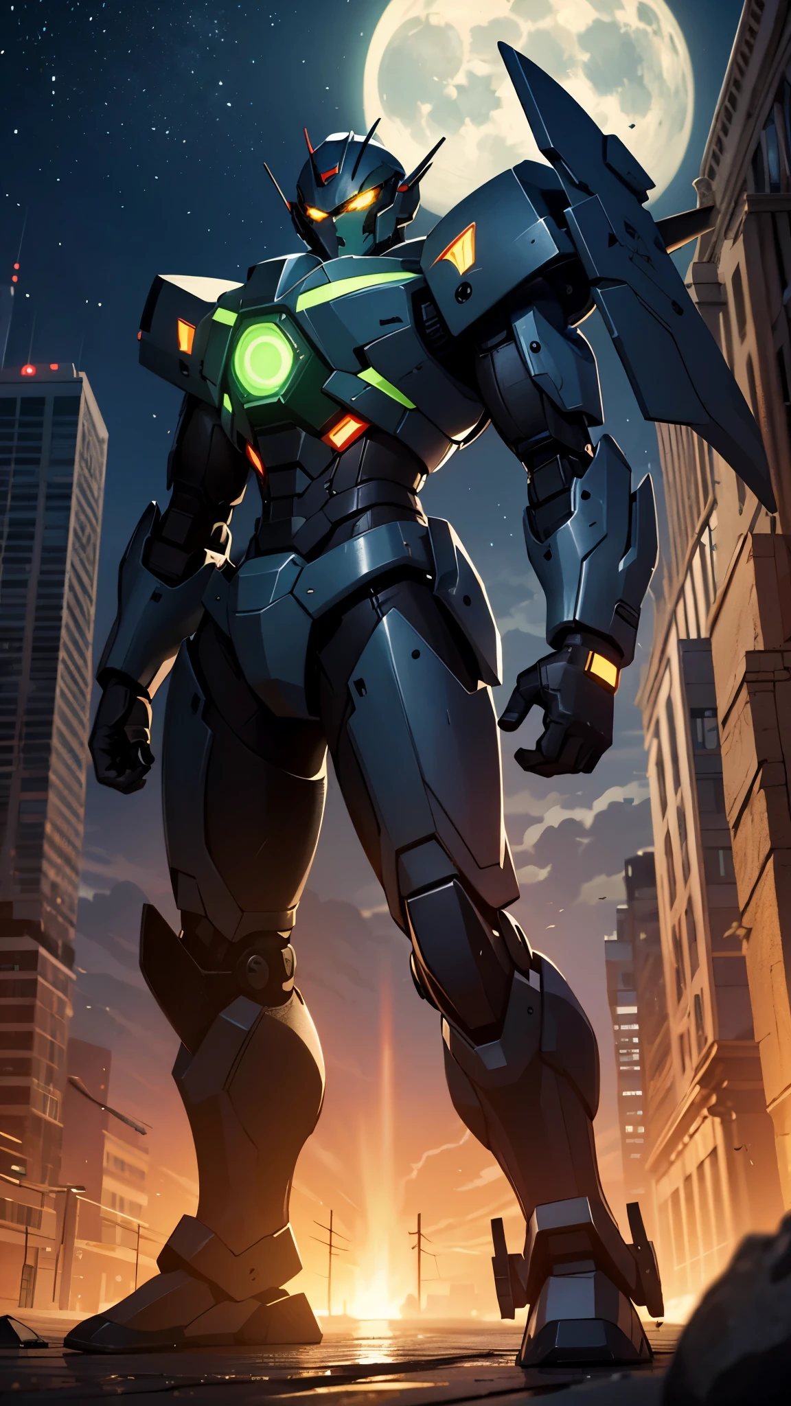 (UHD, retina, masterpiece, accurate, anatomically correct, textured skin, super detail, high details, high quality, best quality, high res, 1080P, HD, 4K, 8k, 16k), studio lighting, physically-based rendering, vivid colors, (glowing, robot, mecha, realistic_mecha, science_fiction), (sky, moonlight, city, building, no_humans), (white & lime green, glowing_eyes, front_view, night:1.5),
