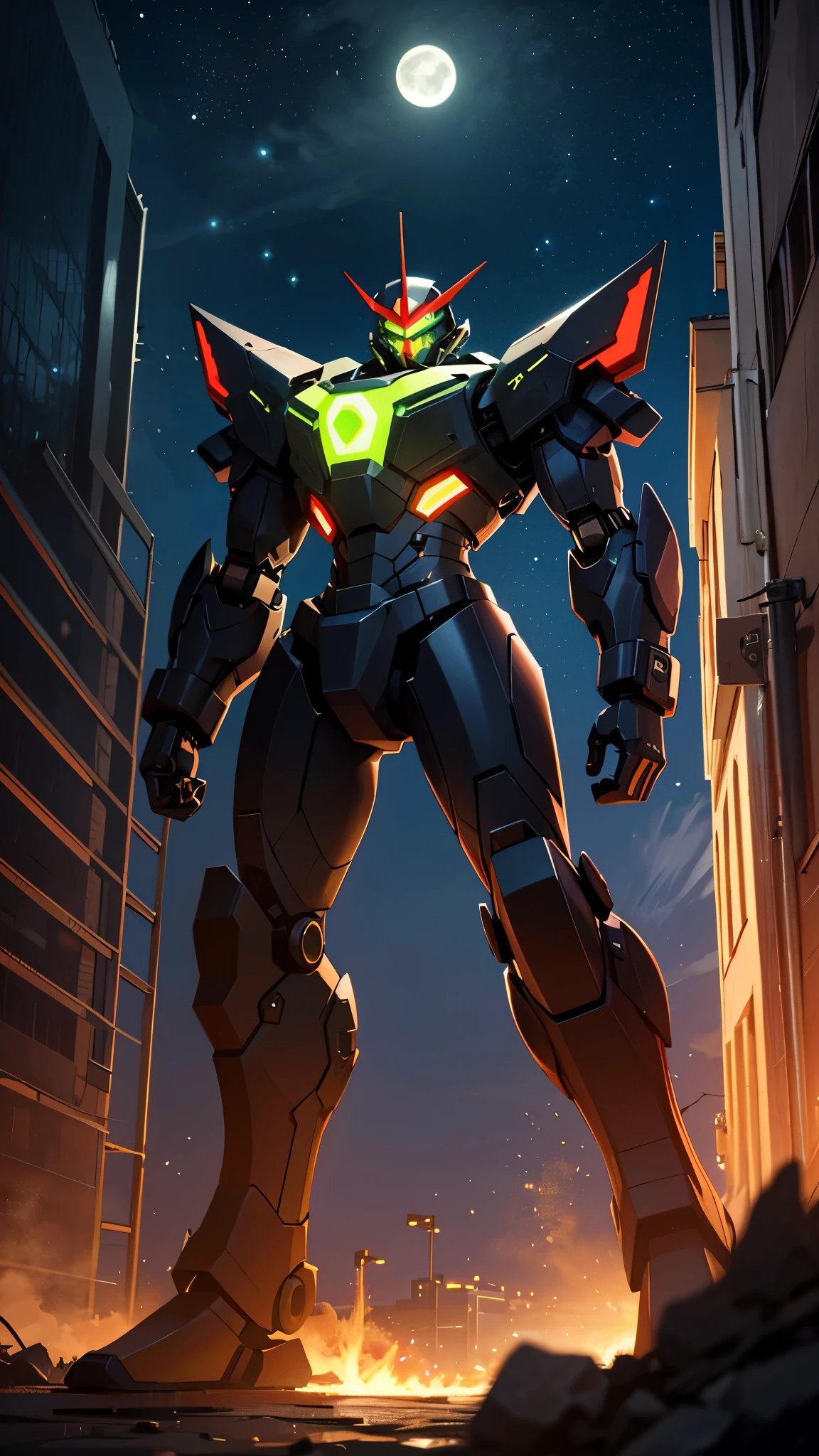 (UHD, retina, masterpiece, accurate, anatomically correct, textured skin, super detail, high details, high quality, best quality, high res, 1080P, HD, 4K, 8k, 16k), studio lighting, physically-based rendering, vivid colors, (glowing, robot, mecha, realistic_mecha, science_fiction), (sky, moonlight, city, building, no_humans), (white & lime green, glowing_eyes, front_view, night:1.5),