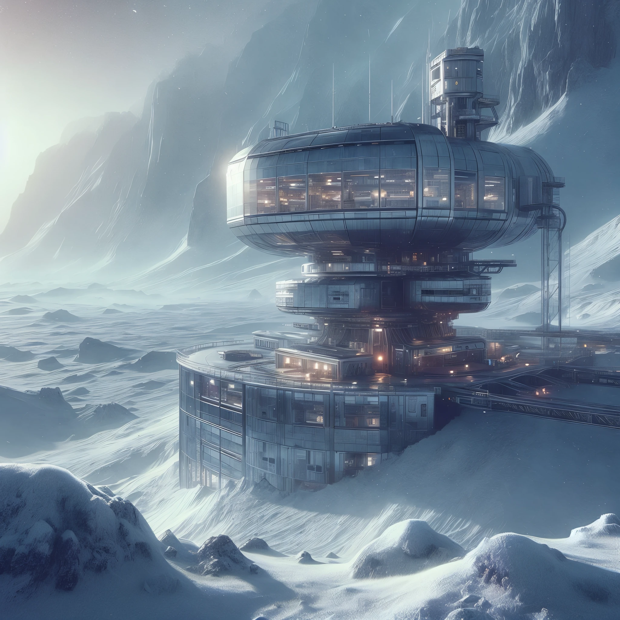 futuristic futuristic city in the middle of a snowy mountain, in the art style of filip hodas, futuristic outpost building, inspired by Filip Hodas, industrial futuristic ice mine, futuristic base, stunning sci-fi concept art, mystical sci-fi concept art, highly realistic concept art, research station, hexagonal planetary space base, beautiful 3 d concept art