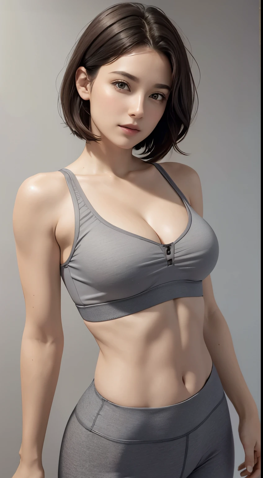 Looking at Viewer, cinematic lighting, Perfect fit, soft light, High resolution skin:1.2, realistic skin texture, body tired from sports、30 years old mature woman、small face、no makeup、Makeup is light、short cut hair、dark brown hair、Bust B Cup、small breasts same、 Revealed cleavage、off shoulder、sports bra、leggings、full nude、gray background