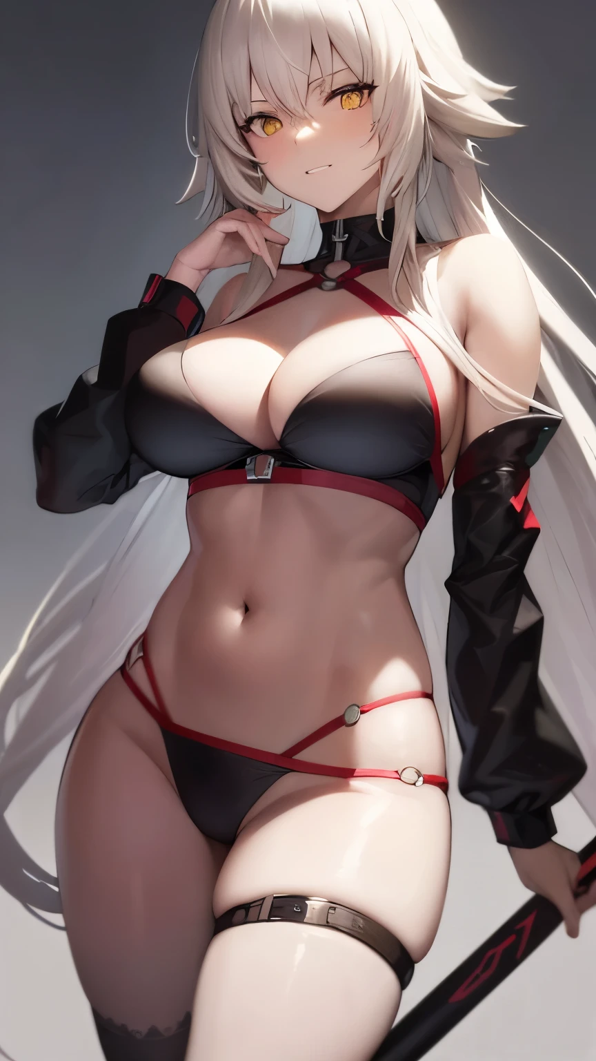 summer_jalter, yellow_eyes, long hair, mature, single thighhigh, white hair, thigh strap, bikini, 1girl, solo, closeup