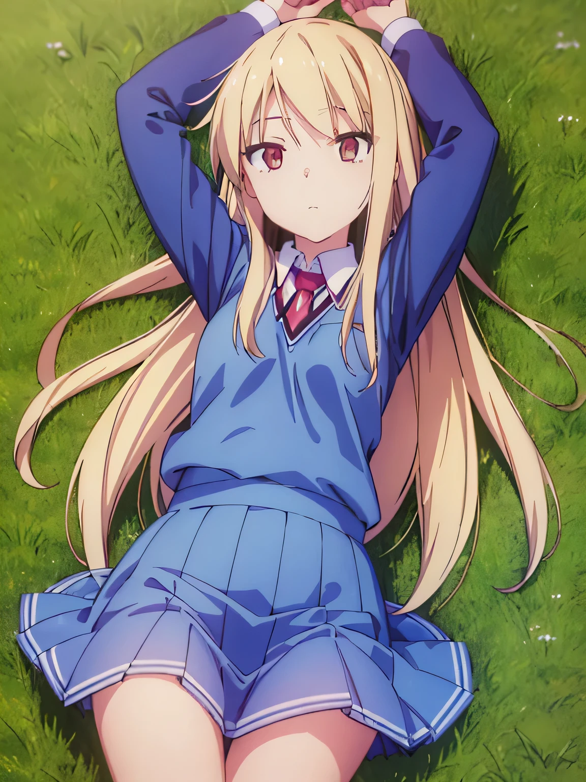 (((pixel-perfect, detail-perfect))), solo, 1girl, mashiro shiino, looking at viewer, school uniform, closed mouth, lying, on back, arms up, on grass, expressionless, spread arms,