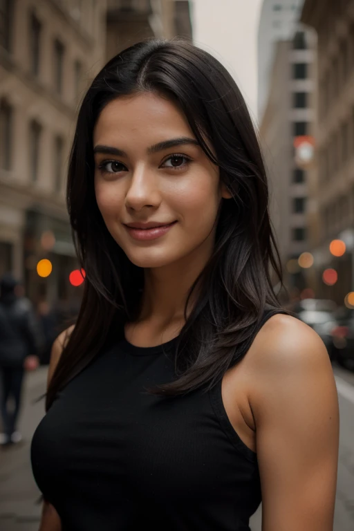 A beutiful 20-23 years old European women with big smile on her face, Wavy black hairs. She should have a  fitness model body.
Ultrarealistic.