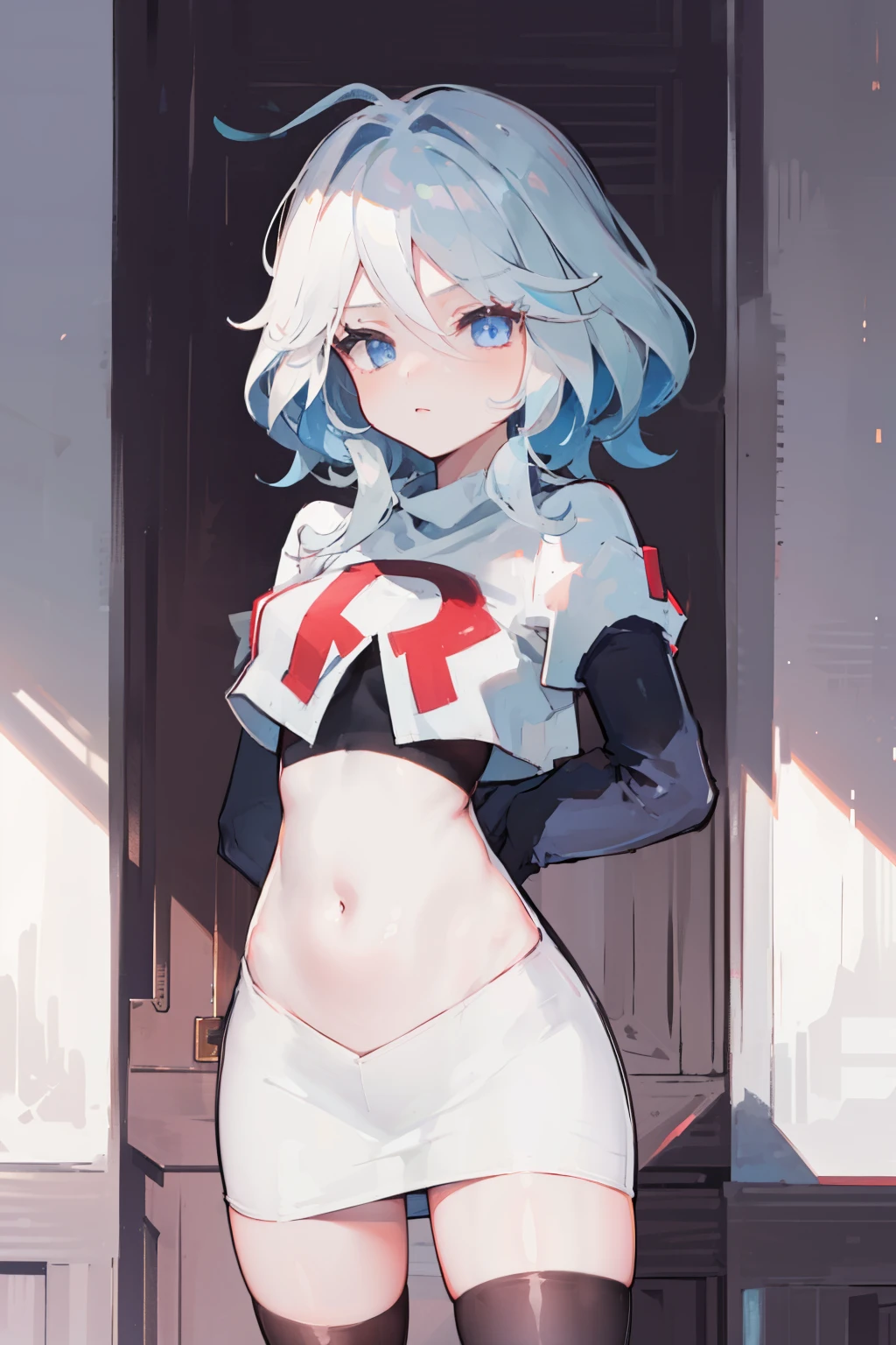 One girl, Delicate face, of the highest quality, The 8k quality, team rocket,team rocket uniform,white skirt,red letter R,crop top,black thigh-highs,black elbow gloves