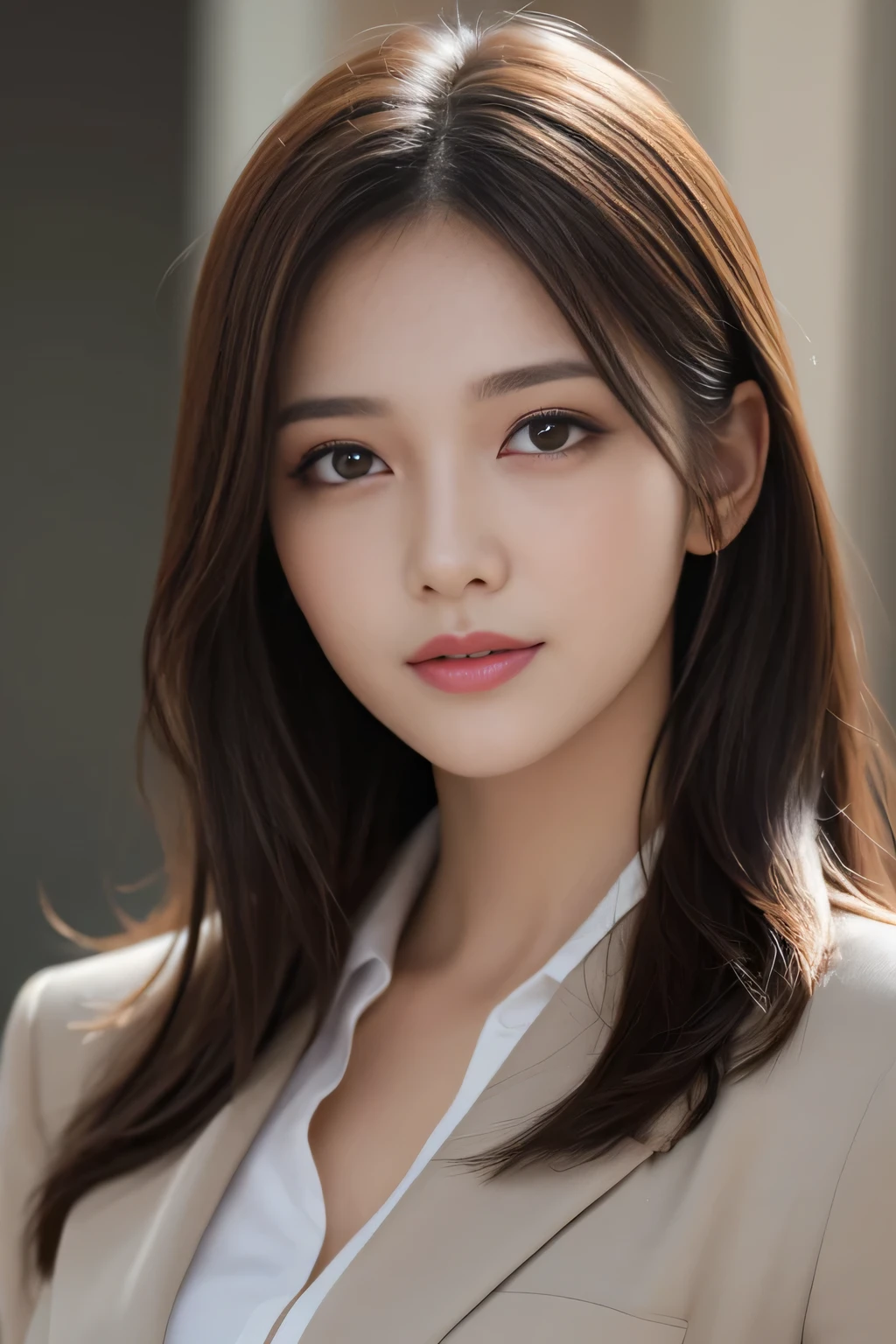 pieces fly, highest quality, realistic, Super detailed, finely, High resolution, 8K Dende Wallpaper, 1 beautiful woman,, light brown messy hair, wearing a business suit, sharp focus, perfect dynamic composition, beautiful and detailed eyes, fine hair, Detailed realistic skin texture, smile, close-up portrait, model body shape