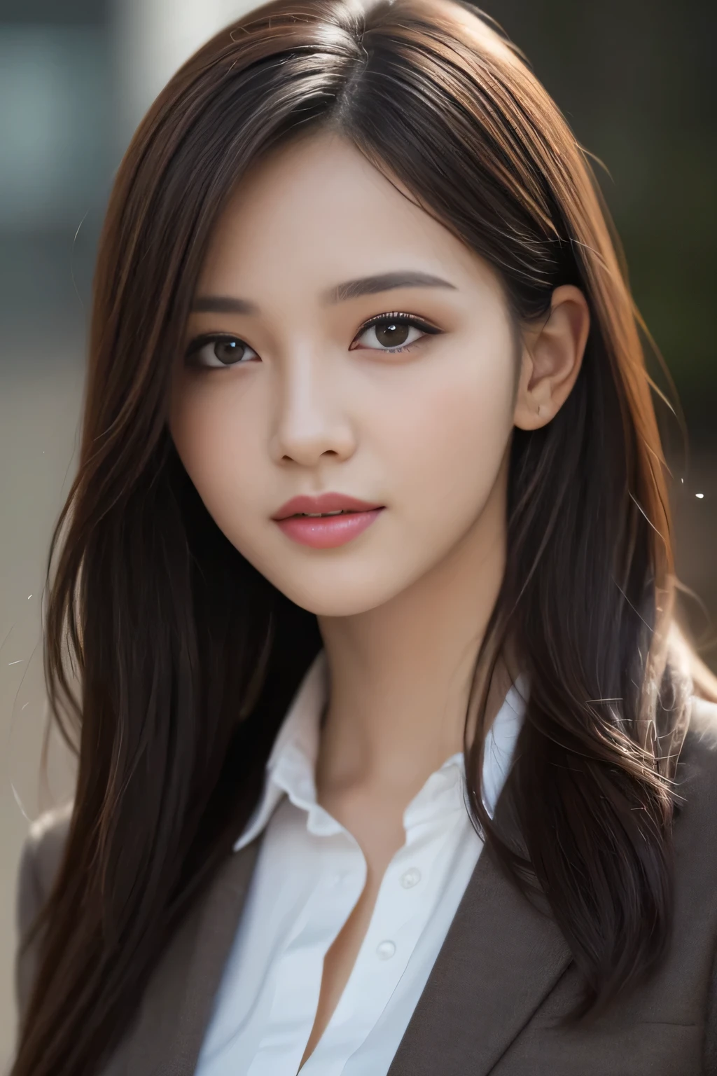 pieces fly, highest quality, realistic, Super detailed, finely, High resolution, 8K Dende Wallpaper, 1 beautiful woman,, light brown messy hair, wearing a business suit, sharp focus, perfect dynamic composition, beautiful and detailed eyes, fine hair, Detailed realistic skin texture, smile, close-up portrait, model body shape