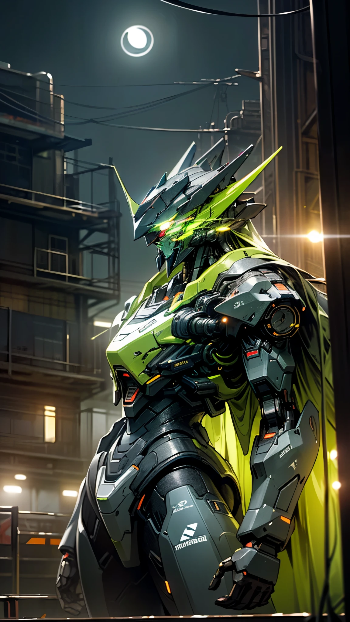 (UHD, retina, masterpiece, accurate, anatomically correct, textured skin, super detail, high details, high quality, best quality, high res, 1080P, HD, 4K, 8k, 16k), studio lighting, physically-based rendering, vivid colors, (glowing, robot, mecha, realistic_mecha, science_fiction), (sky, moonlight, city, building, no_humans), (white & lime green, glowing_eyes, front_view, night, female_type:1.5),