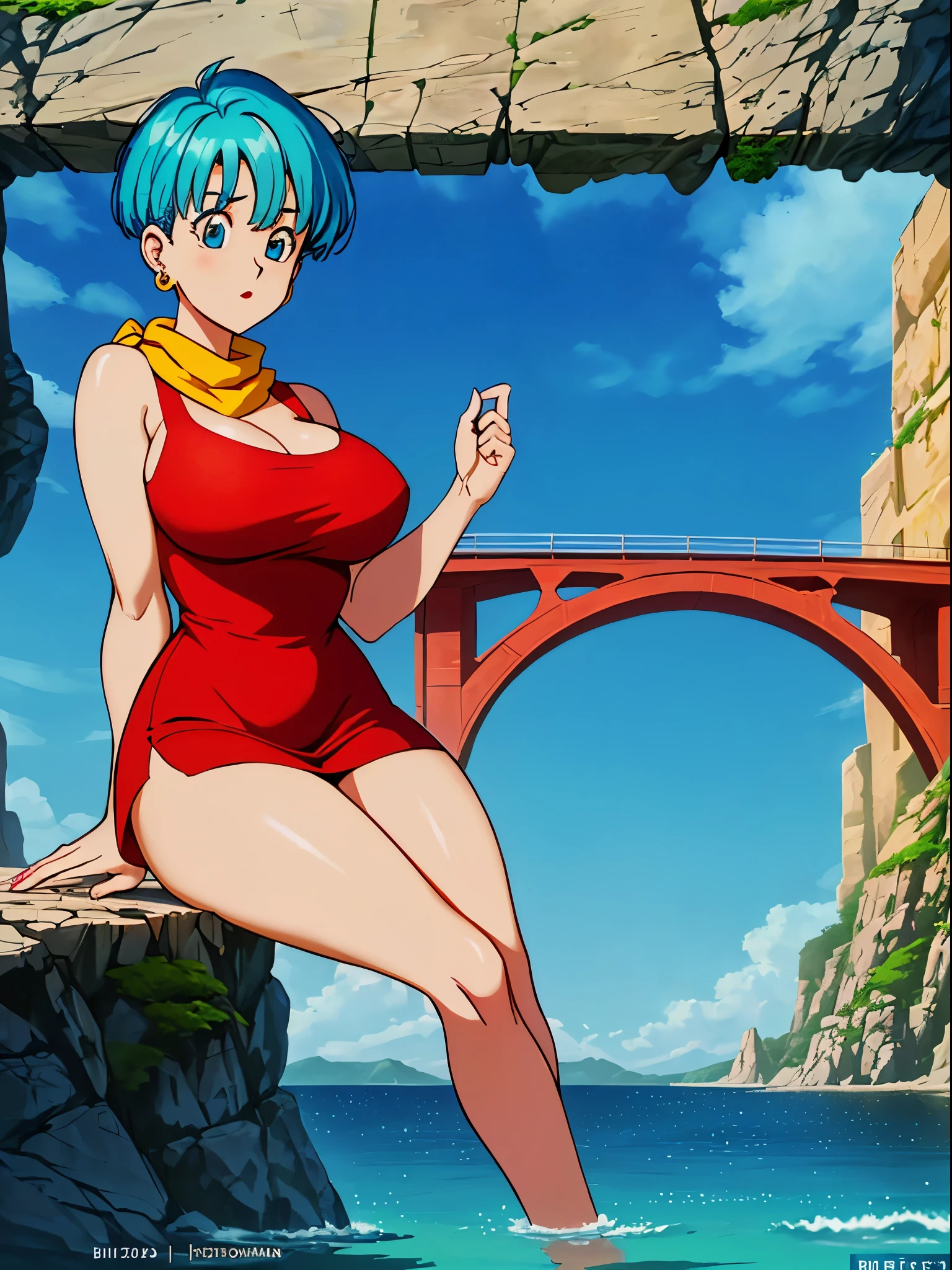 Masterpiece, Best quality, Highest quality, (Perfect lighting), (Photorealistic), Perfect anatomy, Perfect face, Perfect eyes, 
 bulmadbzreddress, aquamarine hair, Short hair, Blue eyes, Earrings, Red dress, Yellow scarf, Blue sky, Clouds, on a cliff looking at a city, (BishoujoMom: 1.5), very tight red dress, legs that open, ((Huge breasts, cleavage))), ((Thick thighs, Hourglass figure)), (Topless), 1.5) ((thick and red lips), ((Blue eyes)), ((aquamarine hair)) Photorealistic, Photo, Masterpiece, Realistic, Realism,  Photorealism, Photorealism, High contrast, photorealistic digital art trend on Artstation 8k HD HD realistic detailed, Detailed, Skin texture, ultra - detailed, Realistic skin texture, Best quality, 超高分辨率 (Photorealistic: 1.4), high resolution, Detailed, RAW photo, Sharp Re, author：Lee Jeffreys Nikon D850 Film Stock Photography 4 Kodak Portra 400 Camera F1.6 lens rich colors realistic texture hyper-realistic dramatic lighting unrealEngine trend in ArtStation CineStill 800,