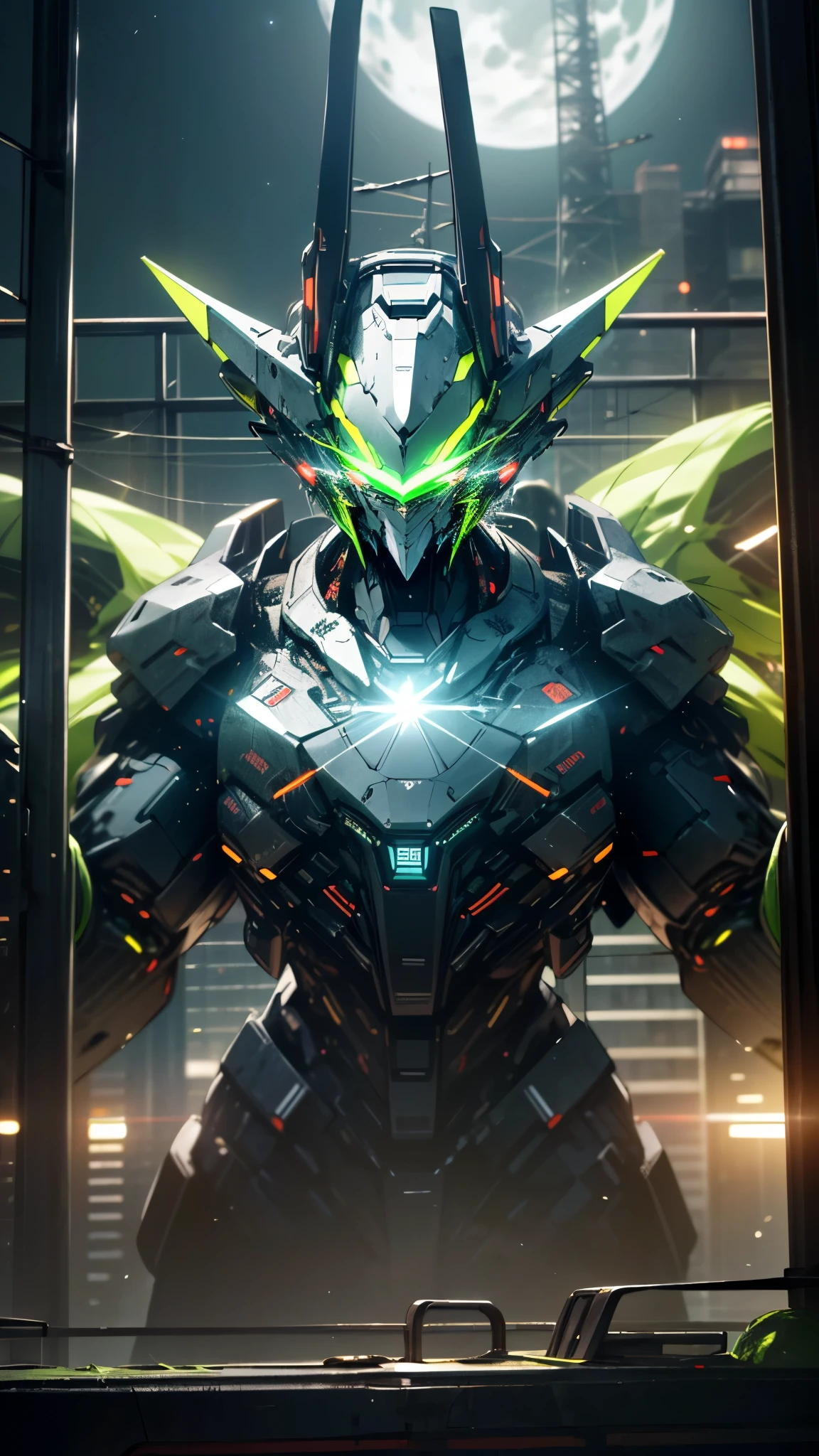 (UHD, retina, masterpiece, accurate, anatomically correct, textured skin, super detail, high details, high quality, best quality, high res, 1080P, HD, 4K, 8k, 16k), studio lighting, physically-based rendering, vivid colors, (glowing, robot, mecha, realistic_mecha, science_fiction), (sky, moonlight, city, building, no_humans), (white & lime green, glowing_eyes, front_view, night, female_type:1.5),