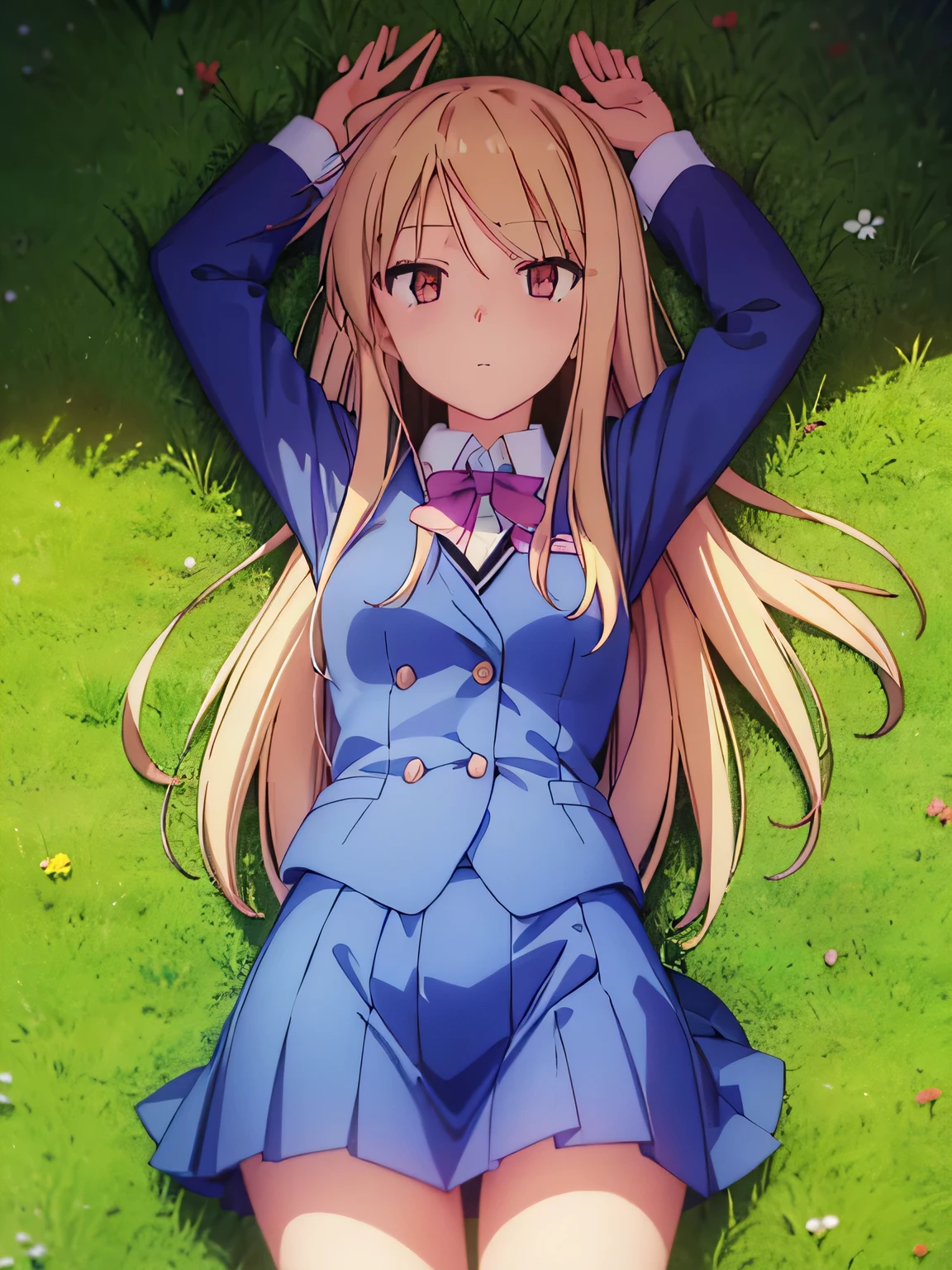 (((pixel-perfect, detail-perfect))), solo, 1girl, mashiro shiino, looking at viewer, school uniform, closed mouth, lying, on back, arms up, on grass, expressionless,