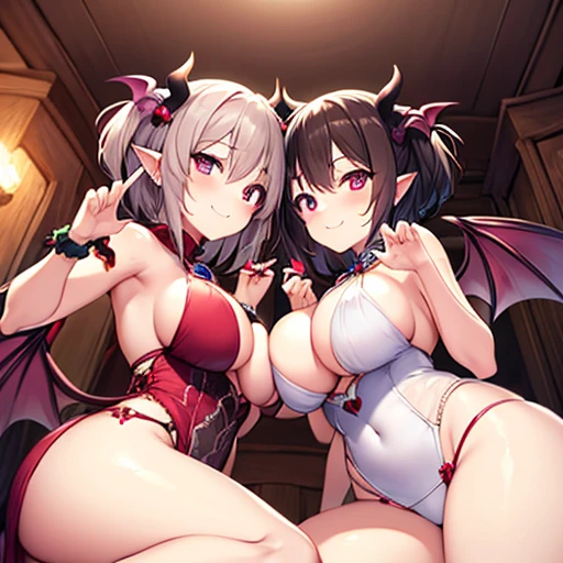 Succubus(twins) pose of temptation erotic body attractive face heart mark cute smile eyes are hearts charm magic angle from below sit on the bed and pose short hair big boobs sweets room background Beautiful dress