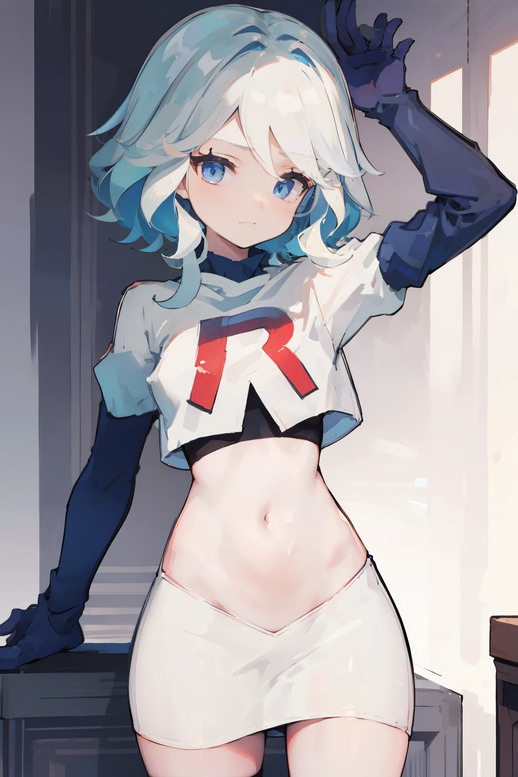 ((masterpiece,best quality)), 1girl, furina, heterochromia, short hair, blue hat, team rocket,team rocket uniform,red letter R, white skirt,crop top, black thigh-highs,black elbow gloves,