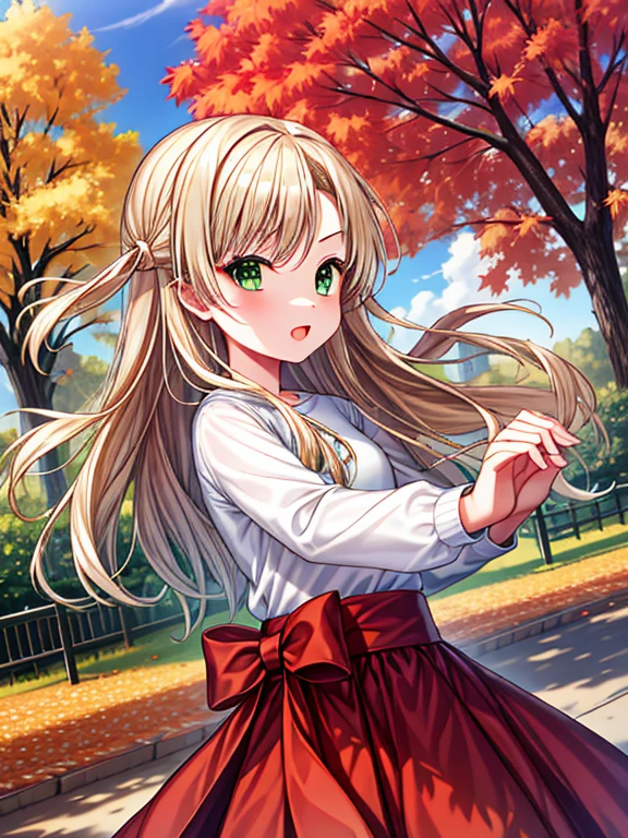 Extreme detail , masterpiece, highly detail, one girl ,blonde hair, beautiful green eyes, long hair, change,sassy change,cheey change ,girl,daytime park,autumn,autumn leaves,(much leaves dancing in the sky):1.3