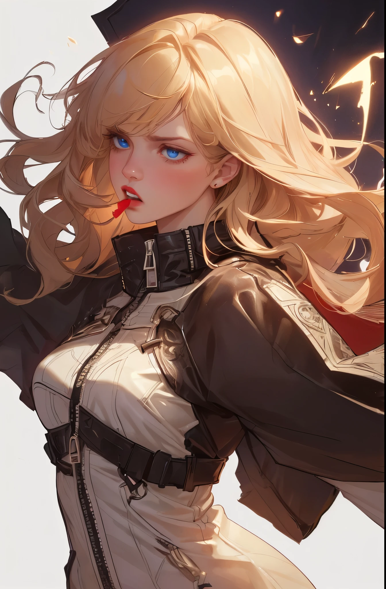 fantasy-style, fantasy, 1 girl, alone, detailed头发, long hair, tears, cry, cry with eyes open, jacket, red lips, blue eyes, upper body, white background, zipper, Floating hair, blonde hair, background, black jacket, teeth, open mouth, look away, lipstick, shirt, eyelash, cosmetic, parted lips, Bangs, lips, messy hair, long sleeves, clavicle, Boss, white hair, wind, , look to the side (high resolution), 8K, detailed, ambient light, The art of math, soft light, (Hyper-detailed Background:1.2), messy hair, (mature face:1.4), (pretty face:1.15), (((masterpiece))), (best quality), ((perfect face)), very deep eyeovie lighting), delicate eyes, best quality, realistic background, high resolution, (complex details), detailed手指, Very detailed, complex, Award-winning, Super detailed, hard lighting, complex details, eye focus, (illustration:1.1), high resolution, Hot topics on artstation