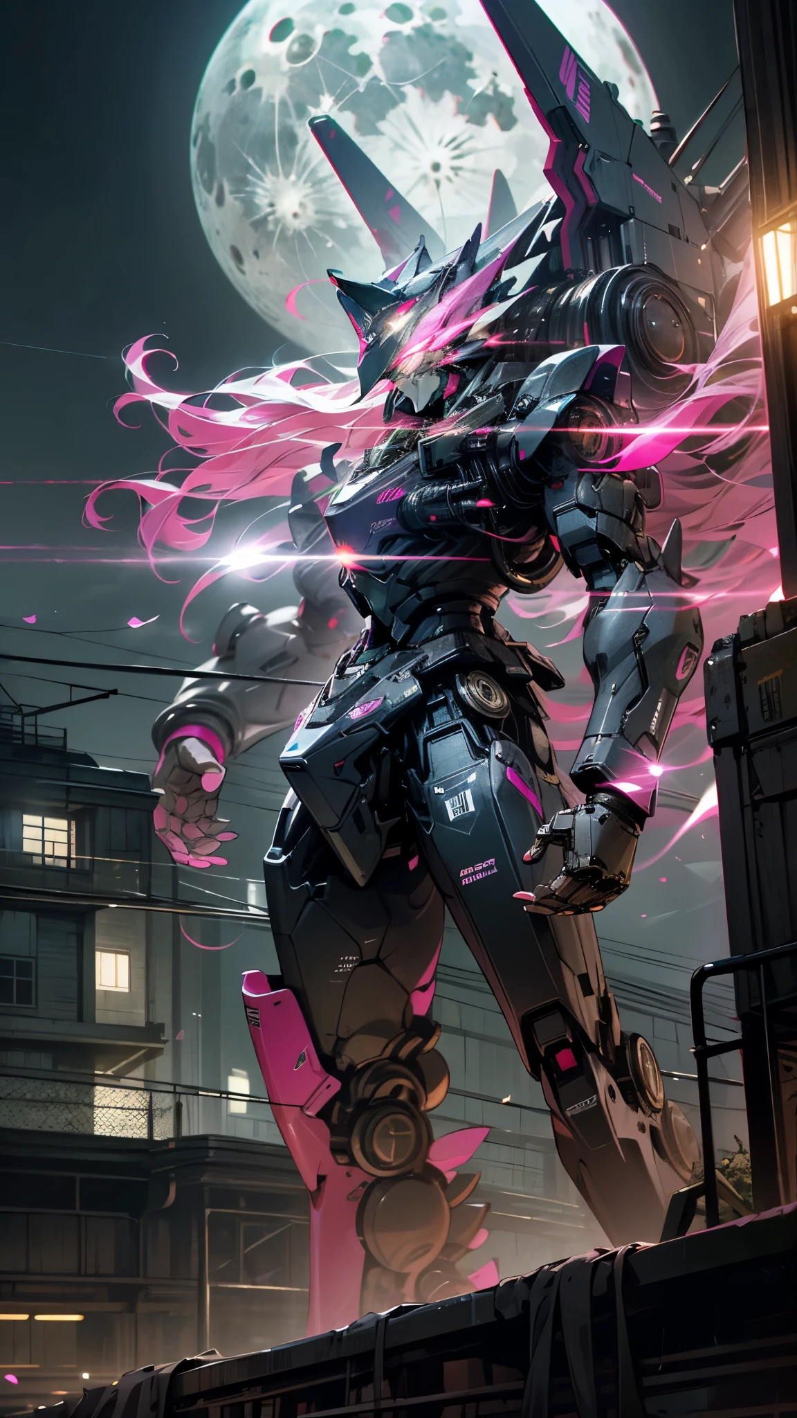 (UHD, retina, masterpiece, accurate, anatomically correct, textured skin, super detail, high details, high quality, best quality, high res, 1080P, HD, 4K, 8k, 16k), studio lighting, physically-based rendering, vivid colors, (glowing, robot, mecha, realistic_mecha, science_fiction), (sky, moonlight, city, building, no_humans), (white & pink, glowing_eyes, front_view, night:1.5),