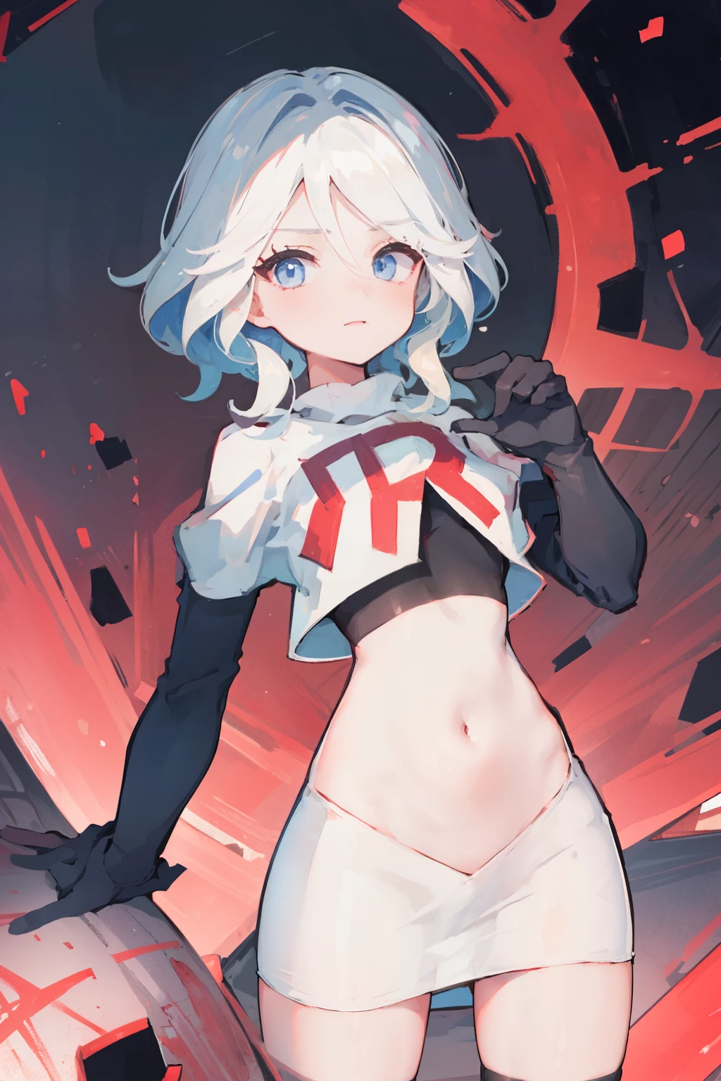 One girl, Delicate face, of the highest quality, The 8k quality, team rocket,team rocket uniform,white skirt,red letter R,crop top,black thigh-highs,black elbow gloves