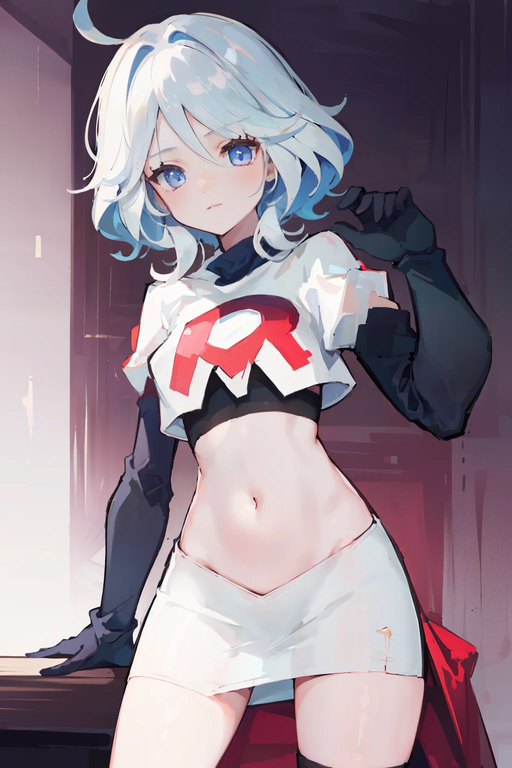 One girl, Delicate face, of the highest quality, The 8k quality, team rocket,team rocket uniform,white skirt,red letter R,crop top,black thigh-highs,black elbow gloves