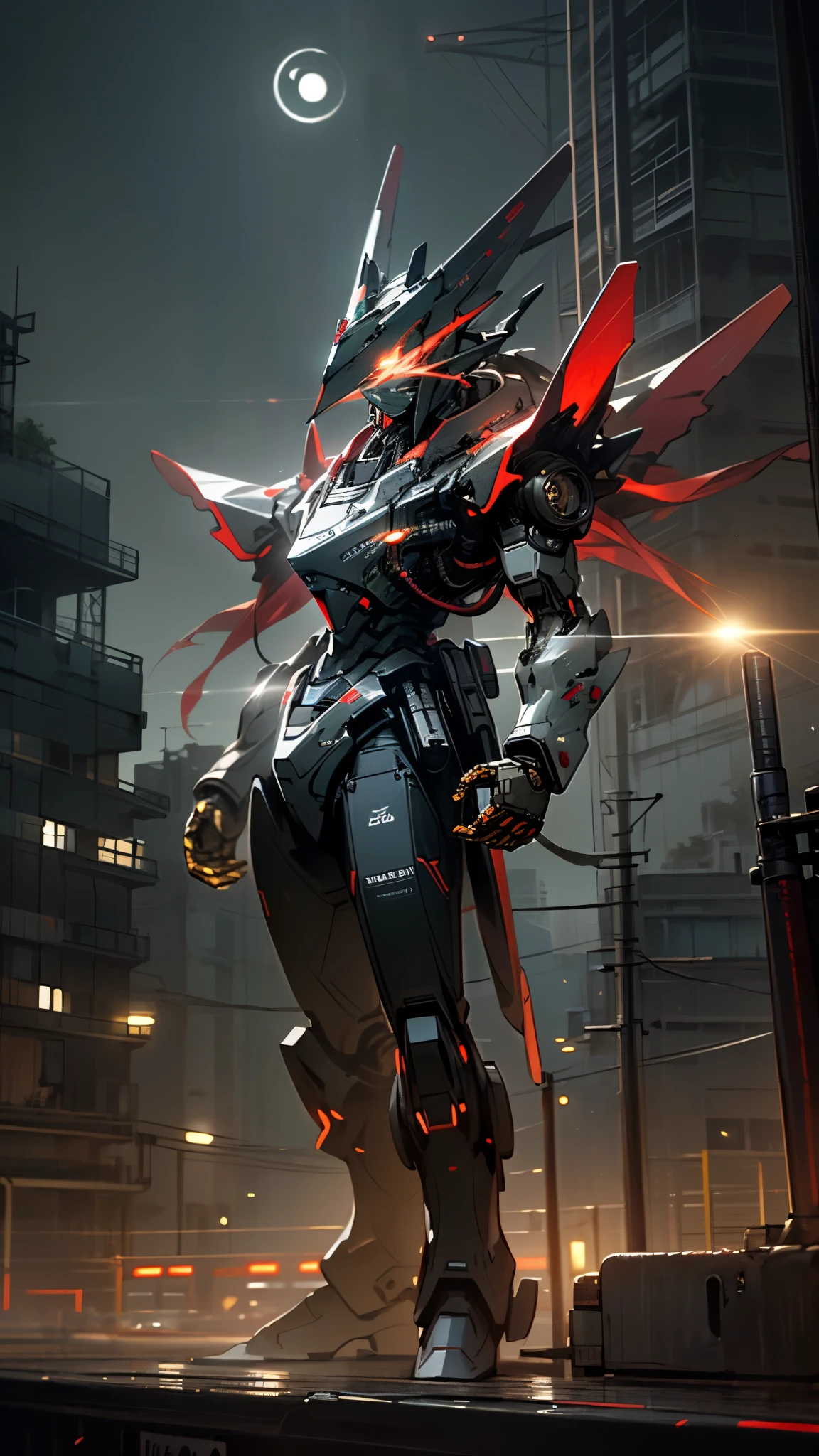 (UHD, retina, masterpiece, accurate, anatomically correct, textured skin, super detail, high details, high quality, best quality, high res, 1080P, HD, 4K, 8k, 16k), studio lighting, physically-based rendering, vivid colors, (glowing, robot, mecha, realistic_mecha, science_fiction), (sky, moonlight, city, building, no_humans), (black & red, glowing_eyes, front_view, night:1.5),