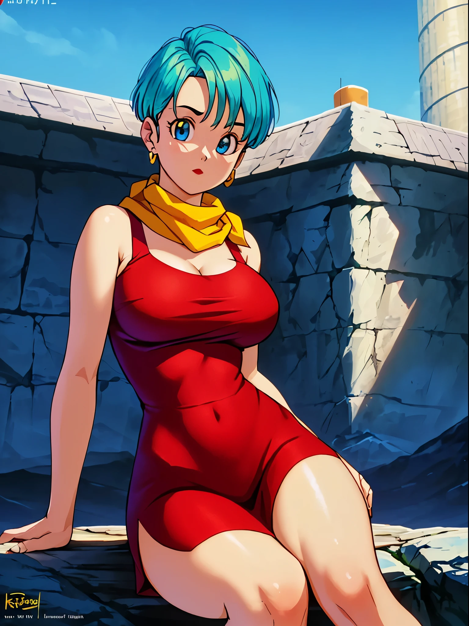 Masterpiece, Best quality, Highest quality, (Perfect lighting), (Photorealistic), Perfect anatomy, Perfect face, Perfect eyes, 
 bulmadbzreddress, aquamarine hair, Short hair, Blue eyes, Earrings, Red dress, Yellow scarf, Blue sky, Clouds, on a cliff looking at a city, (BishoujoMom: 1.5), very tight red dress, legs that open, ((Huge breasts, cleavage))), ((Thick thighs, Hourglass figure)), (Topless), 1.5) ((thick and red lips), ((Blue eyes)), ((aquamarine hair)) Photorealistic, Photo, Masterpiece, Realistic, Realism,  Photorealism, Photorealism, High contrast, photorealistic digital art trend on Artstation 8k HD HD realistic detailed, Detailed, Skin texture, ultra - detailed, Realistic skin texture, Best quality, 超高分辨率 (Photorealistic: 1.4), high resolution, Detailed, RAW photo, Sharp Re, author：Lee Jeffreys Nikon D850 Film Stock Photography 4 Kodak Portra 400 Camera F1.6 lens rich colors realistic texture hyper-realistic dramatic lighting unrealEngine trend in ArtStation CineStill 800,