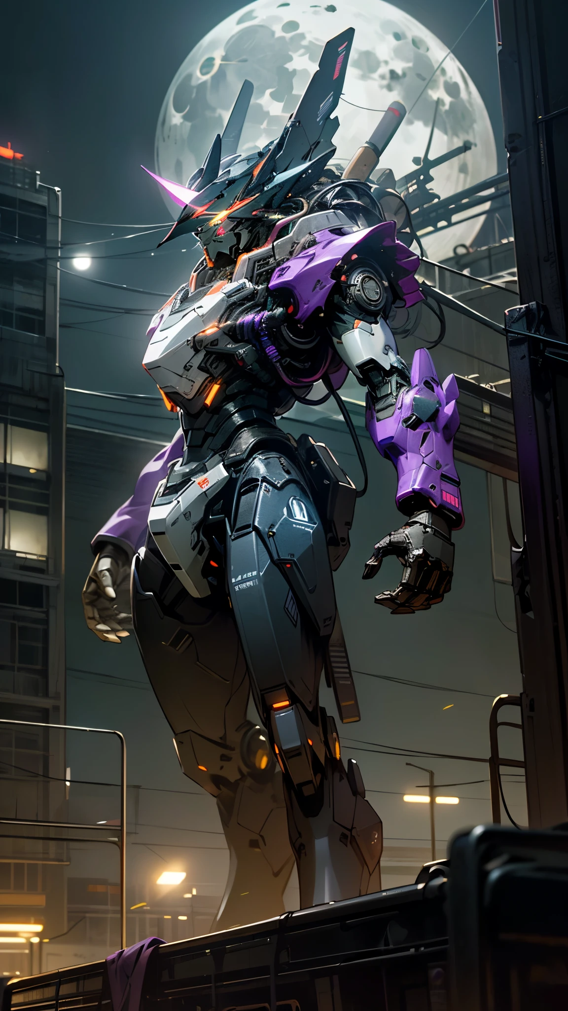 (UHD, retina, masterpiece, accurate, anatomically correct, textured skin, super detail, high details, high quality, best quality, high res, 1080P, HD, 4K, 8k, 16k), studio lighting, physically-based rendering, vivid colors, (glowing, robot, mecha, realistic_mecha, science_fiction), (sky, moonlight, city, building, no_humans), (black & purple, glowing_eyes, front_view, night:1.5),