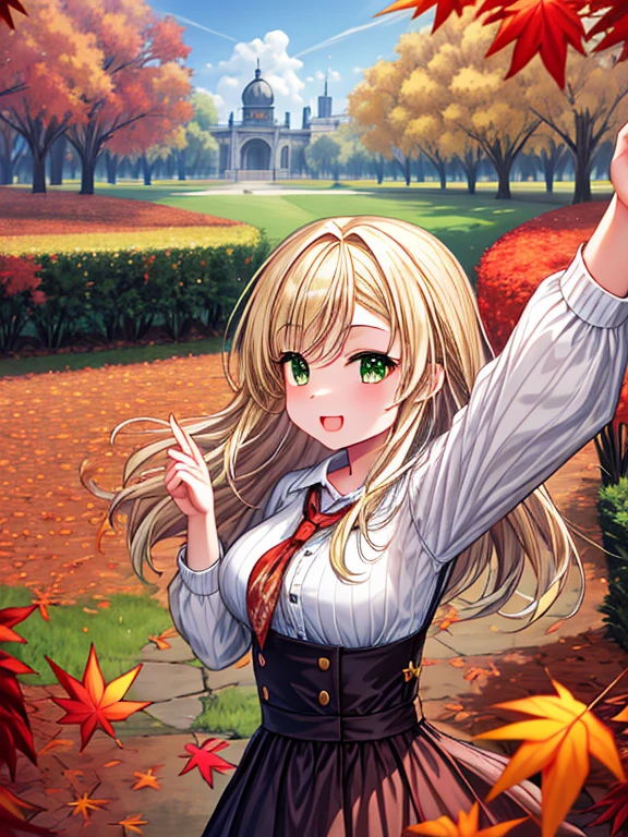 Extreme detail , masterpiece, highly detail, (much leaves dancing in the sky):1.3 ,one girl ,blonde hair, beautiful green eyes, long hair, change,sassy change,cheey change ,girl,daytime park,autumn,autumn leaves,