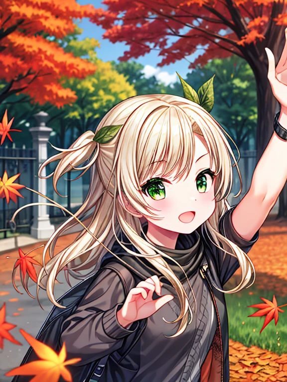 Extreme detail , masterpiece, highly detail, (much leaves dancing in the sky):1.3 ,one girl ,blonde hair, beautiful green eyes, long hair, change,sassy change，cheey change ,girl,daytime park,autumn,autumn leaves,