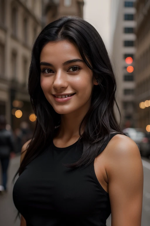 A beutiful 20-23 years old European women with big smile on her face, Wavy black hairs. She should have a fitness model body.
Ultrarealistic.