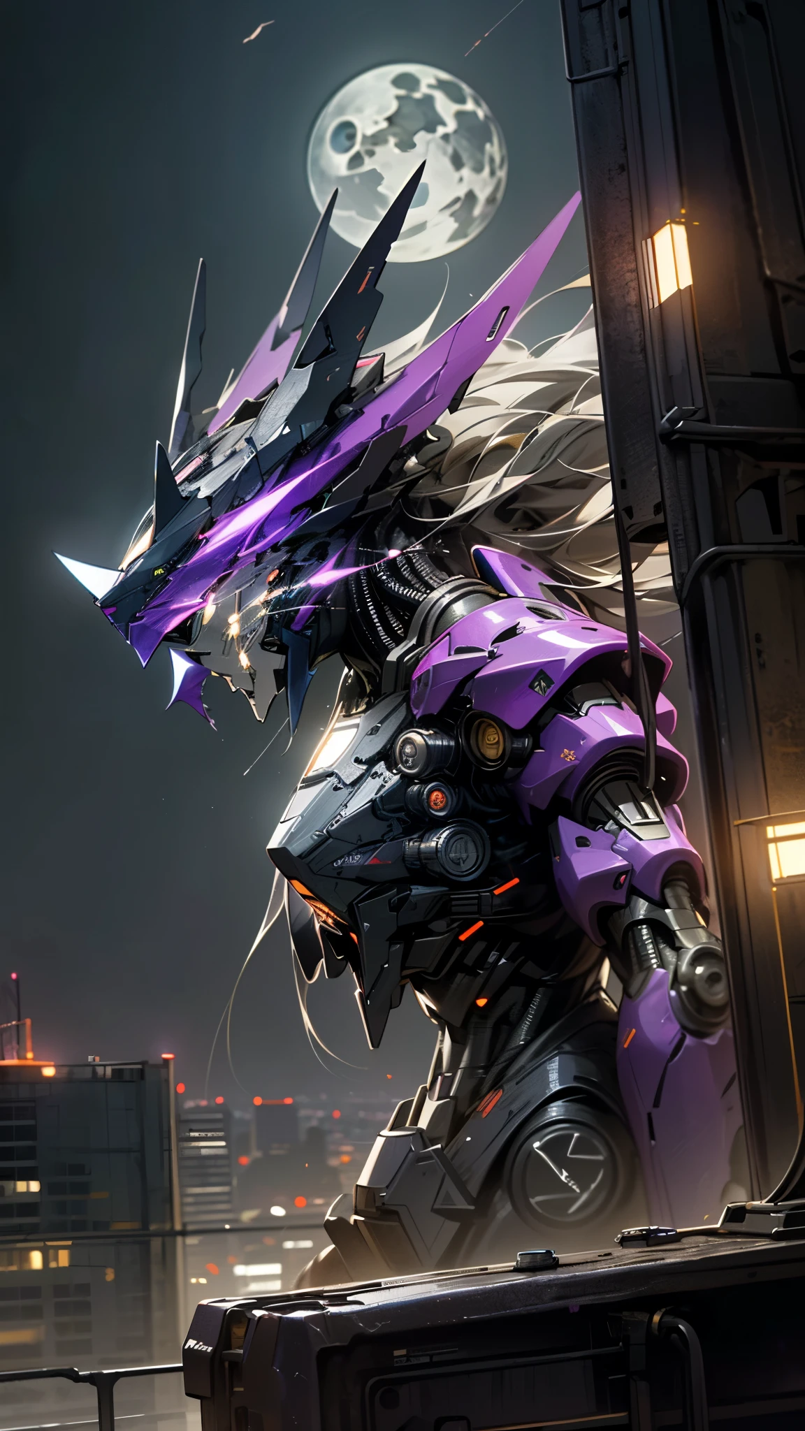 (UHD, retina, masterpiece, accurate, anatomically correct, textured skin, super detail, high details, high quality, best quality, high res, 1080P, HD, 4K, 8k, 16k), studio lighting, physically-based rendering, vivid colors, (glowing, robot, mecha, realistic_mecha, science_fiction), (sky, moonlight, city, no_humans), (black & purple, glowing_eyes, front_view, night:1.5),