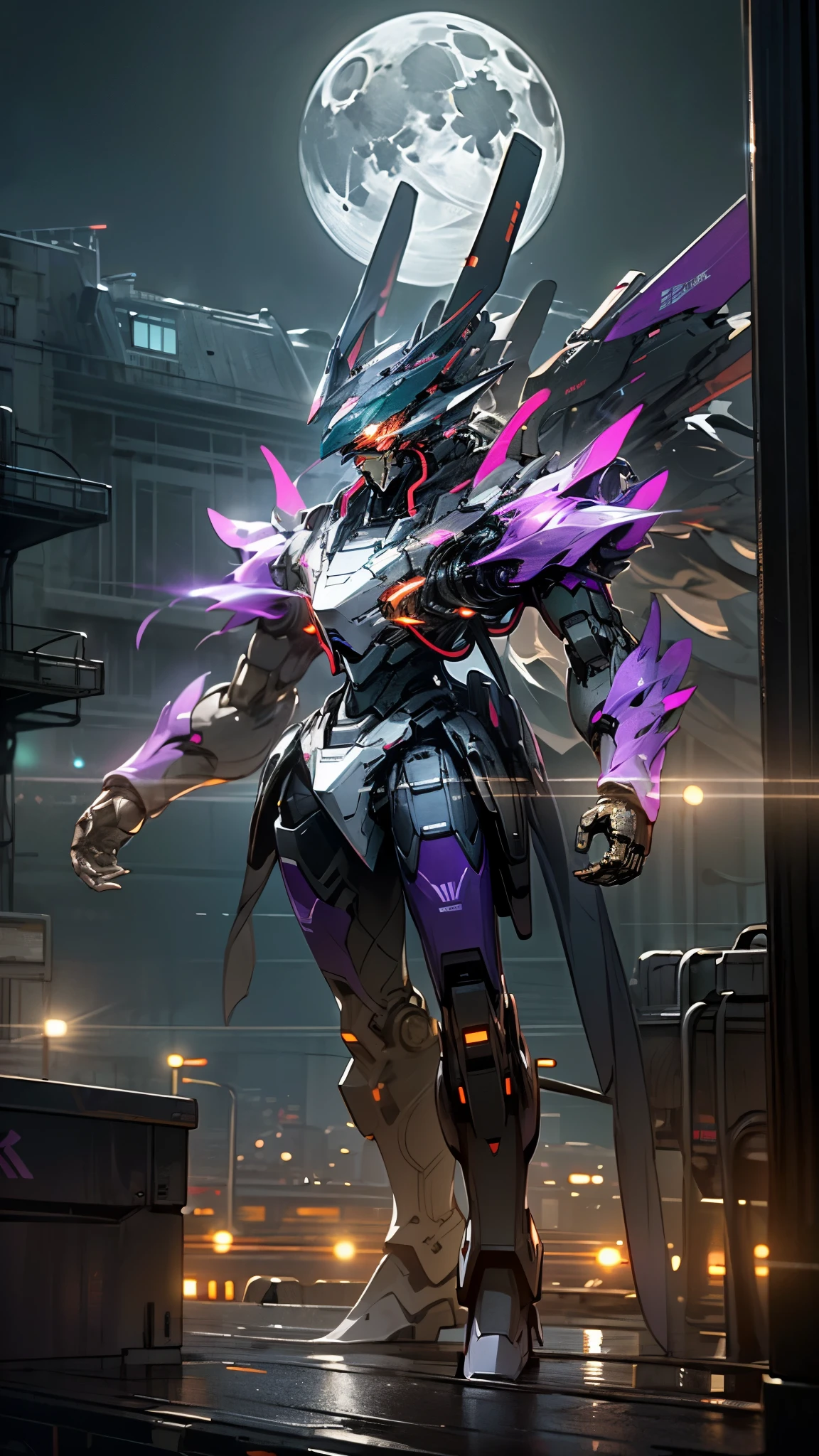 (UHD, retina, masterpiece, accurate, anatomically correct, textured skin, super detail, high details, high quality, best quality, high res, 1080P, HD, 4K, 8k, 16k), studio lighting, physically-based rendering, vivid colors, (glowing, robot, mecha, realistic_mecha, science_fiction), (sky, moonlight, city, no_humans), (black & purple, glowing_eyes, front_view, night:1.5),