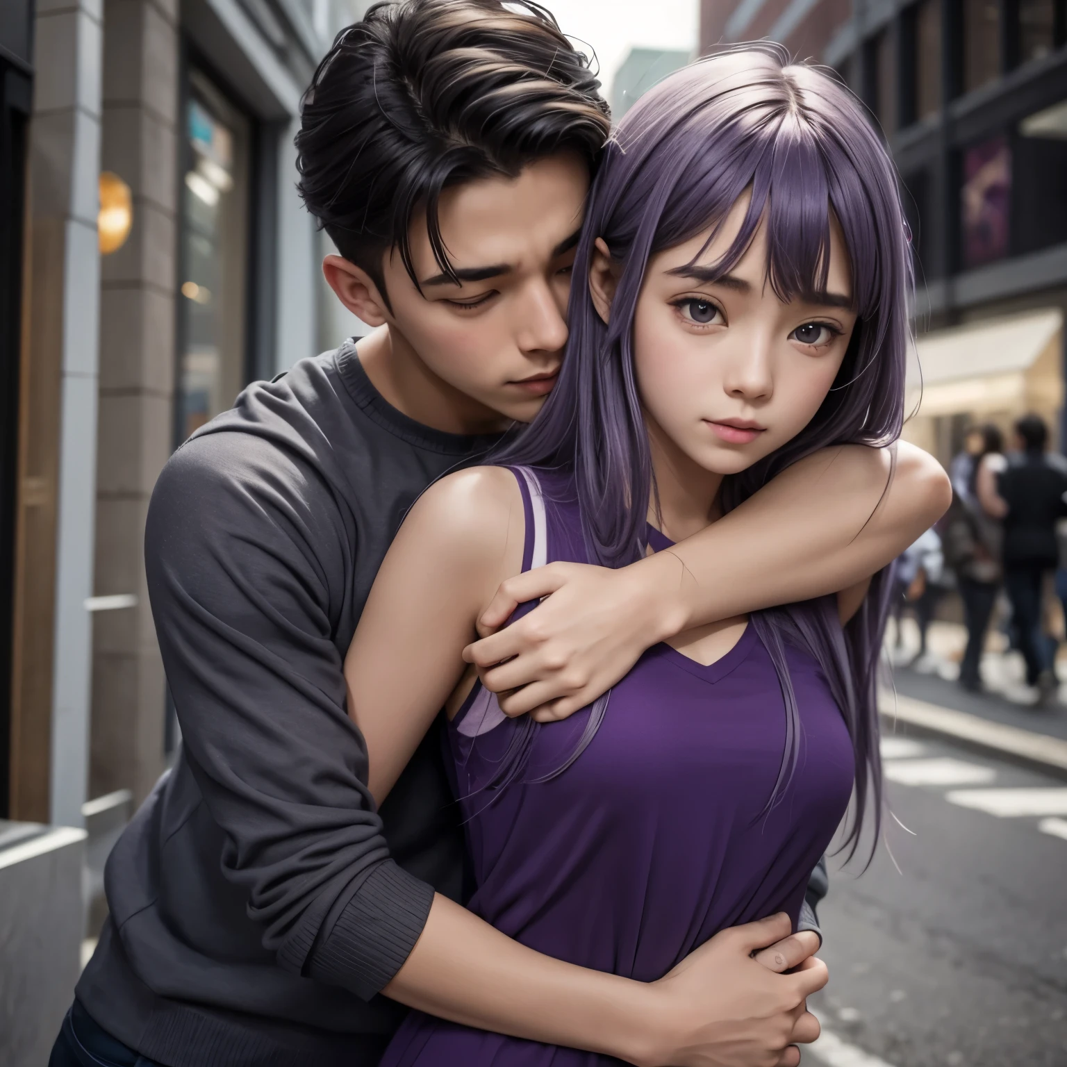 Gray boy hug purple girl