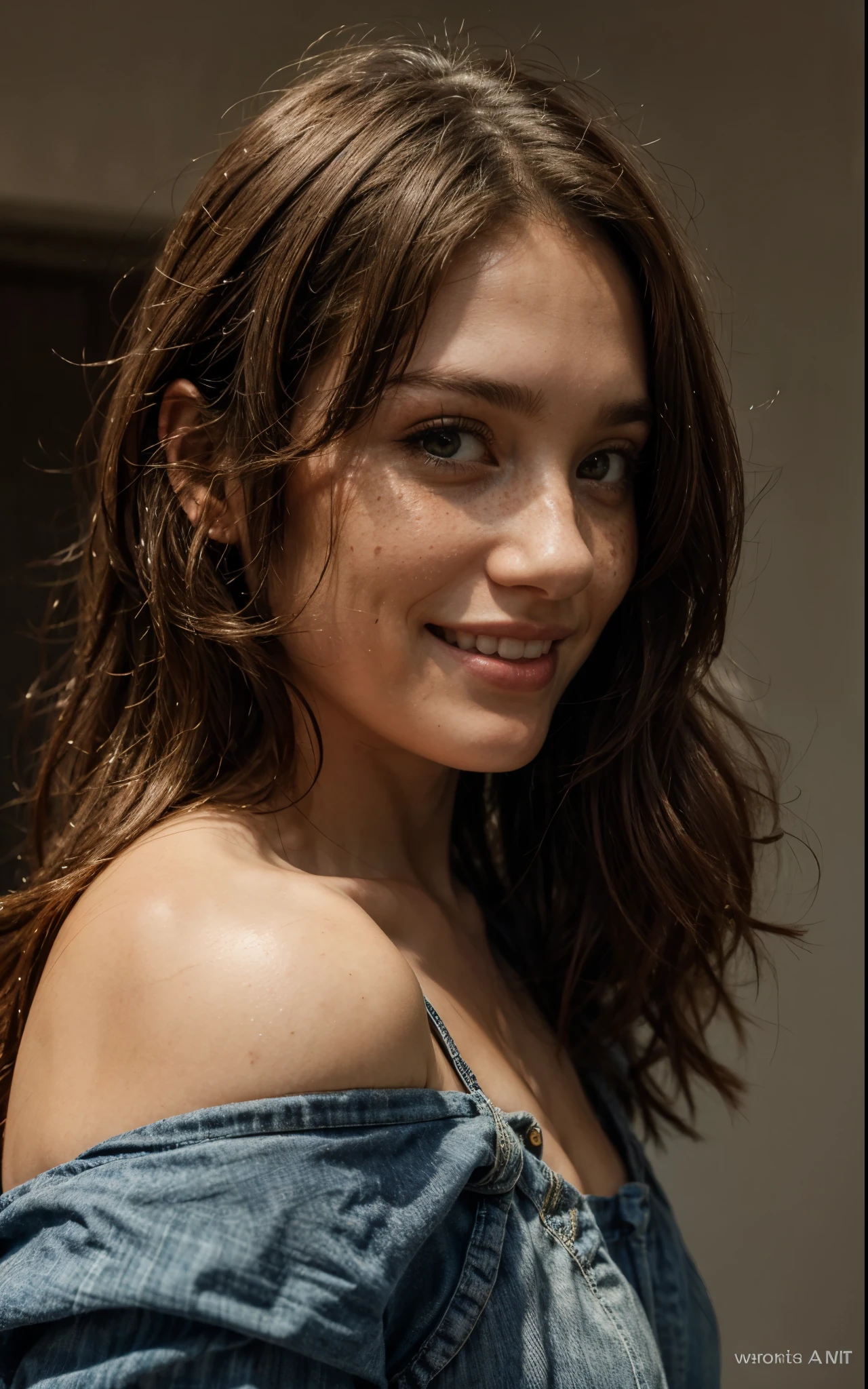 20 year old, lips, light smile, curly hair, looking at viewer, upper body, leaning forward, t-shirt, downblouse, small breasts, perky breasts, denim shorts, nsfw