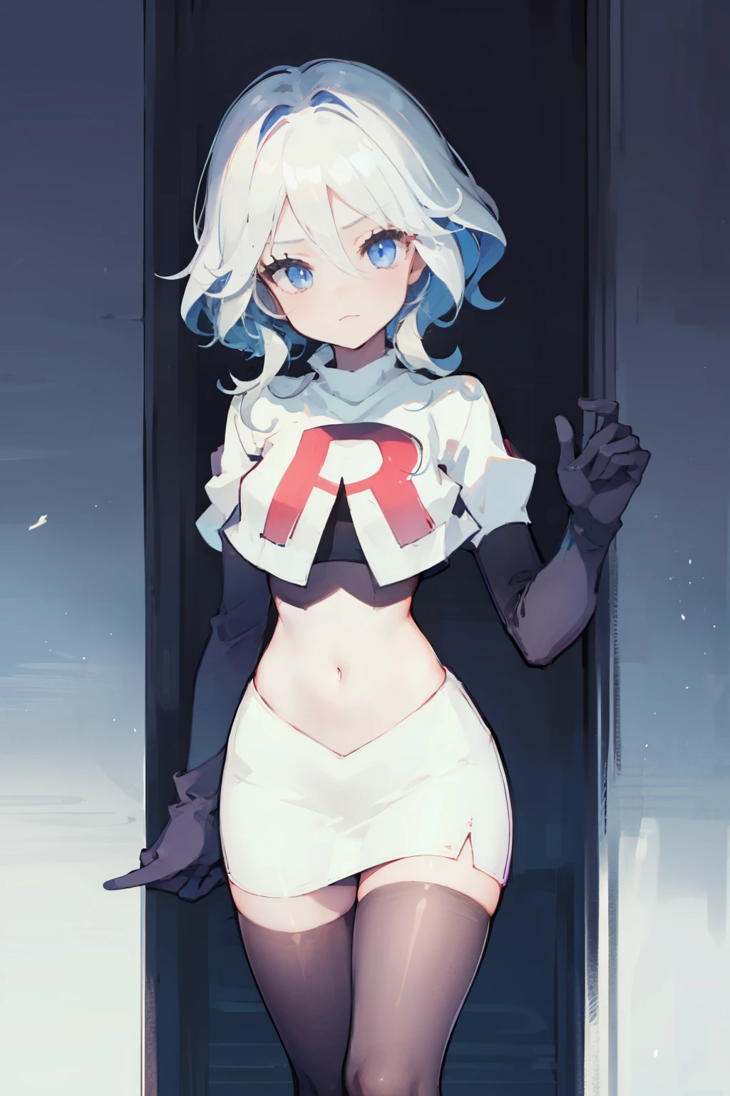 One girl, Delicate face, of the highest quality, The 8k quality, team rocket,team rocket uniform,white skirt,red letter R,crop top,black thigh-highs,black elbow gloves