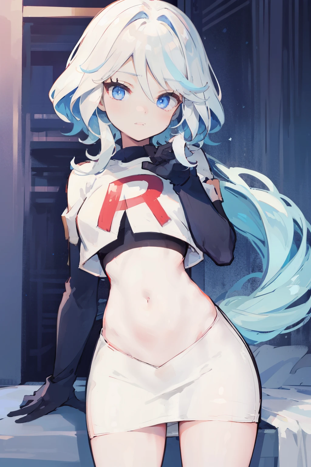 One girl, Delicate face, of the highest quality, The 8k quality, team rocket,team rocket uniform,white skirt,red letter R,crop top,black thigh-highs,black elbow gloves
