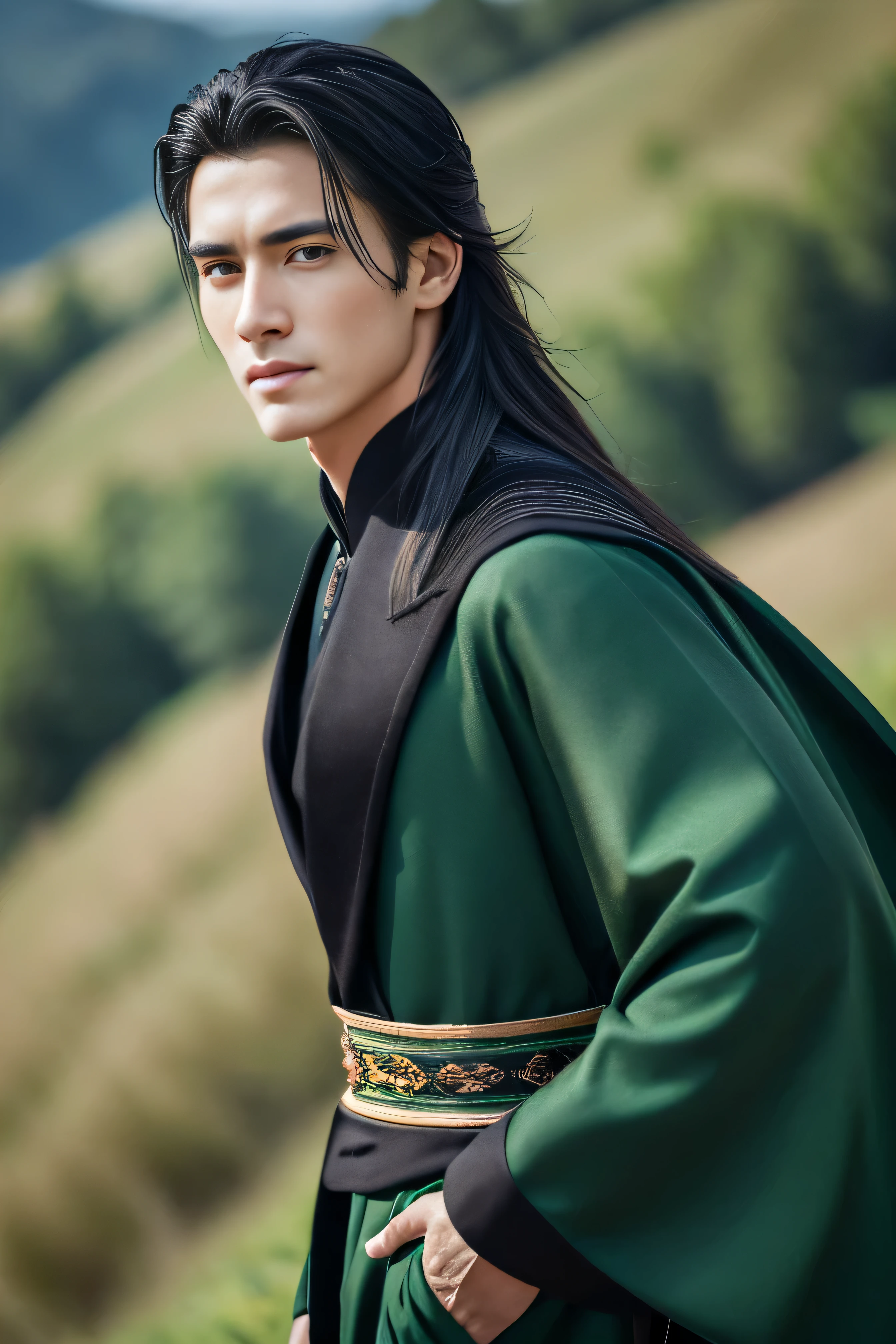 Best quality, masterpiece, ultra high res, (photorealistic:1.4), detailed face, detailed eyes, raw photo, young handsome male, black hair, ((full body)), view from top, (mountain background:1.2), perfect hands, perfect eyes, long black hair, wearing dark green long chinese clothes, dark green long cape, messy long hair, (((1 handsome male)))