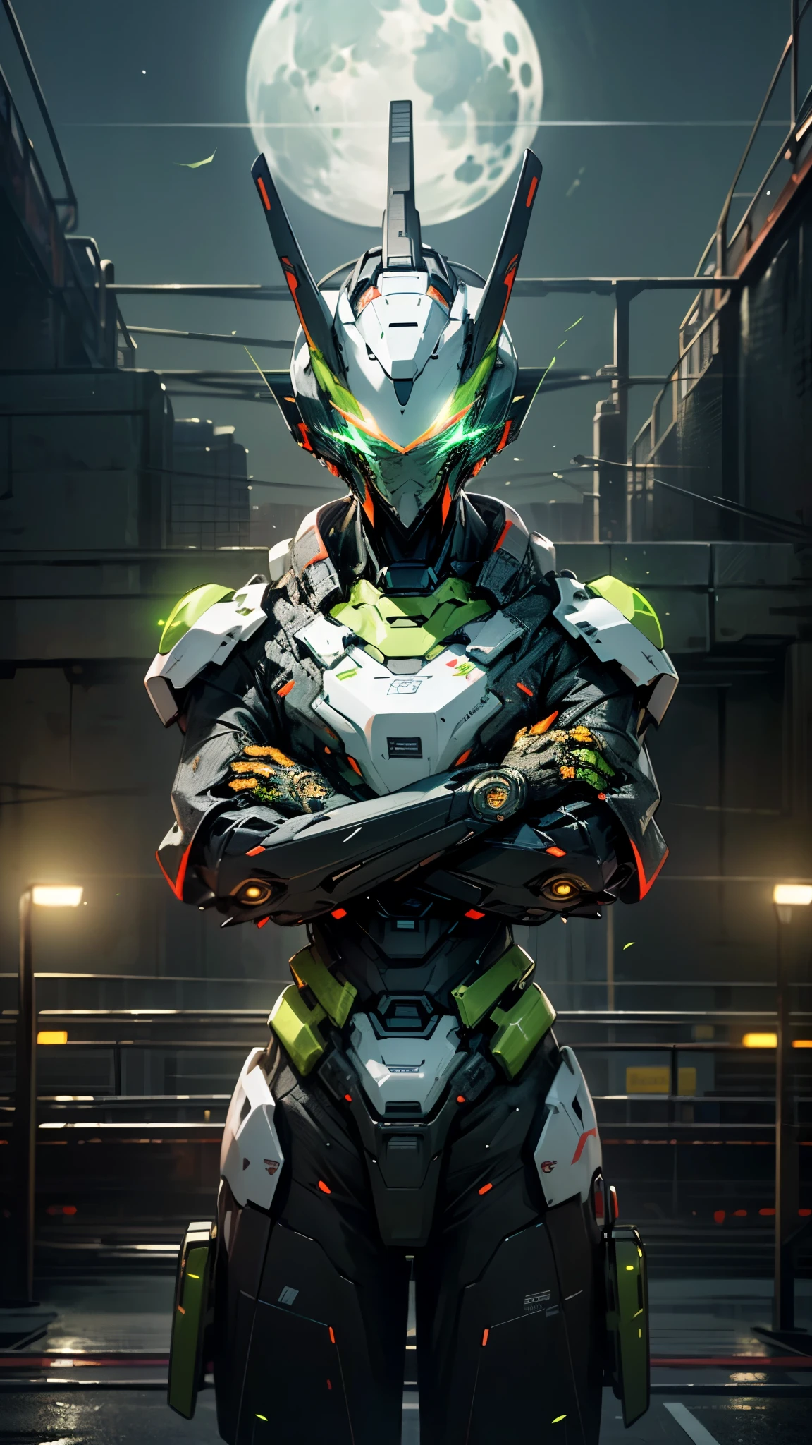 (UHD, retina, masterpiece, accurate, anatomically correct, textured skin, super detail, high details, high quality, best quality, high res, 1080P, HD, 4K, 8k, 16k), studio lighting, physically-based rendering, vivid colors, (glowing, robot, mecha, realistic_mecha, science_fiction), (sky, moonlight, city, no_humans), (white & lime green, glowing_eyes, crossed arms, front_view, night:1.5),
