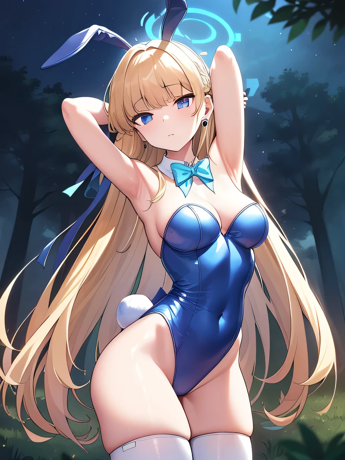 best quality, masterpiece, toki, halo, long hair, rabbit ears, detached collar bowtie, bunny leotard, white thighhighs, bunny tail, earpiece, earrings, hair ribbon, wrist cuffs, looking at viewer, head tilt, expressionless, seiza, expressionless, closed_mouth, night sky, forest, arms behind head, spread armpits, midriff, contrapposto, cowboy shot,