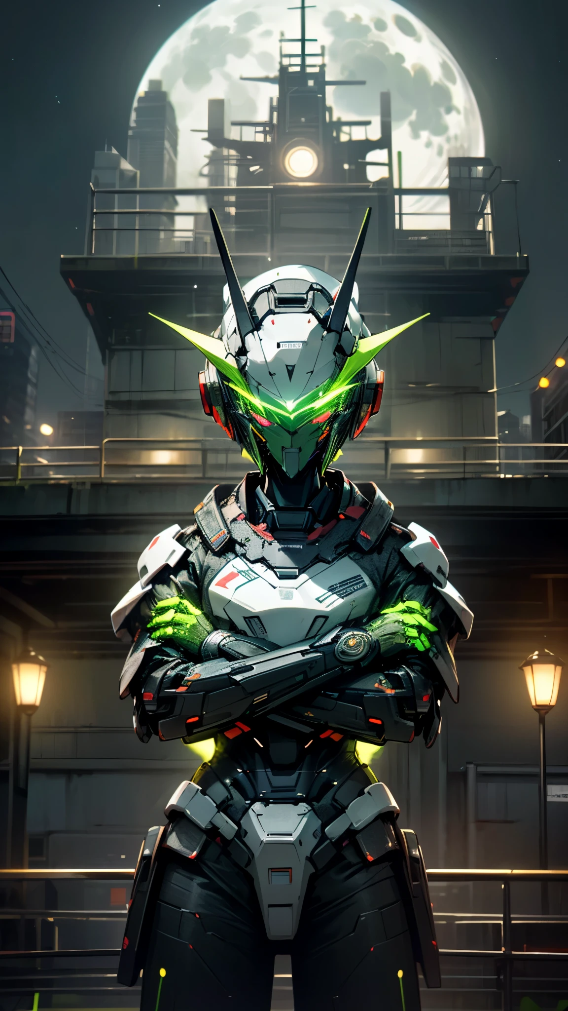 (UHD, retina, masterpiece, accurate, anatomically correct, textured skin, super detail, high details, high quality, best quality, high res, 1080P, HD, 4K, 8k, 16k), studio lighting, physically-based rendering, vivid colors, (glowing, robot, mecha, realistic_mecha, science_fiction), (sky, moonlight, city, no_humans), (white & lime green, glowing_eyes, crossed arms, front_view, night:1.5),