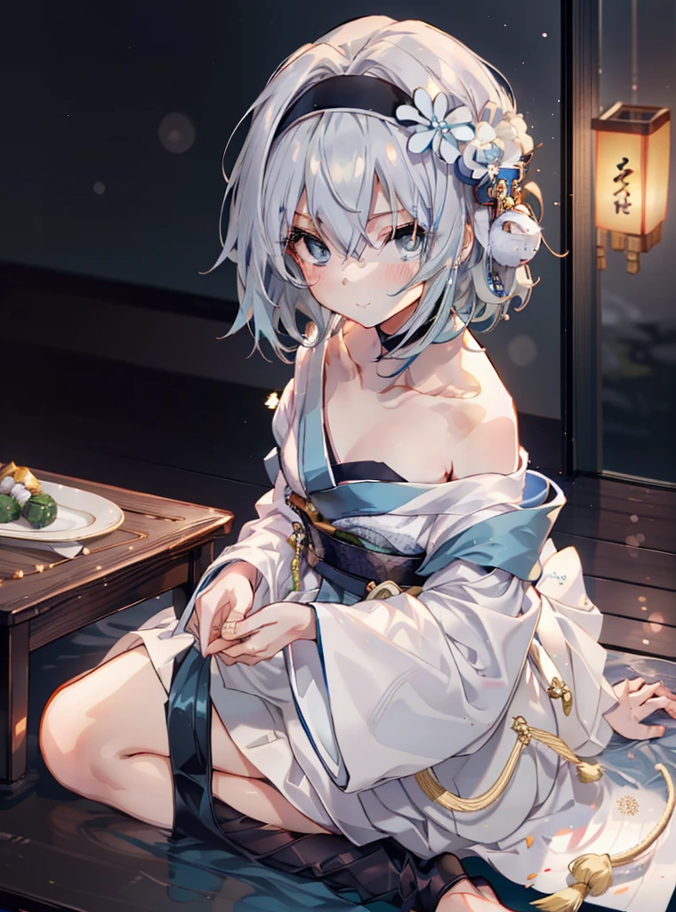 Empty silver，Empty silver　Ryouou&#39;s work, (blue eyes:1.5), (short hair:silver 9，Green 1), (flat chest:1.2),Upper body,black headband，black choker，whole body,break，White furisode kimono，black hakama，white foot bag，Zori sandals，Japanese inn，background(Japanese snow garden)，cold happy atmosphere，blush、cute，smile,太陽のまぶしさ
break (table top:1.2), highest quality, High resolution, unity 8k wallpaper, (figure:0.8), (detailed and beautiful eyes:1.6), highly detailed face, perfect lighting, Highly detailed CG, (perfect hands, perfect anatomy),