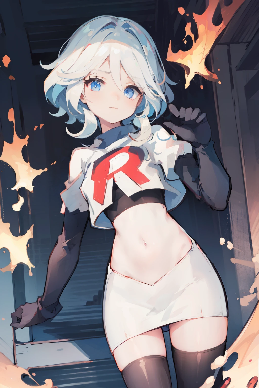 One girl, Delicate face, of the highest quality, The 8k quality, team rocket,team rocket uniform,white skirt,red letter R,crop top,black thigh-highs,black elbow gloves