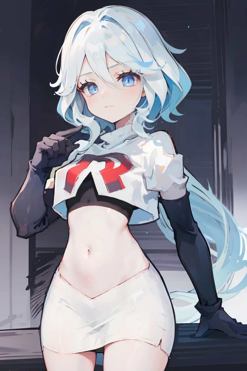 One girl, Delicate face, of the highest quality, The 8k quality, team rocket,team rocket uniform,white skirt,red letter R,crop top,black thigh-highs,black elbow gloves