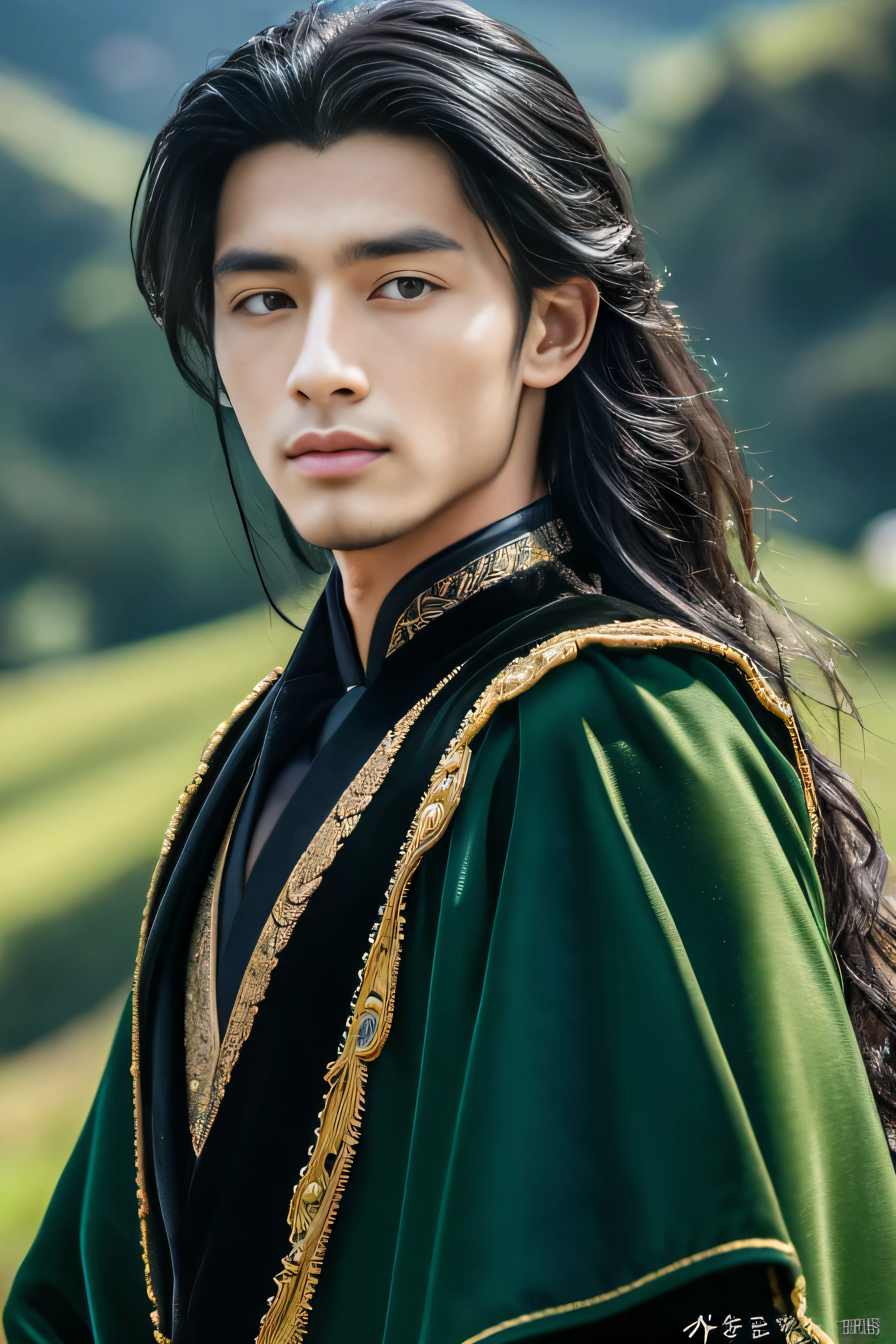 Best quality, masterpiece, ultra high res, (photorealistic:1.4), detailed face, detailed eyes, raw photo, young handsome male, black hair, ((full body)), view from top, (mountain background:1.2), perfect hands, perfect eyes, long black hair, wearing dark green long chinese clothes, dark green long cape, messy long hair, (((1 handsome male)))