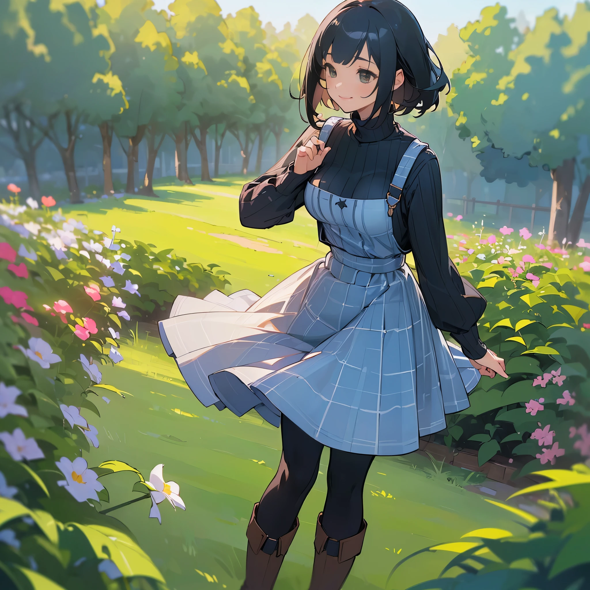 (high quality, high resolution, Super detailed, Reality:1.37), peaceful atmosphere, (outdoor, garden), age girl standing alone, (My breasts are big.), Beautiful detailed features, cute smile, (black bob hair), ribbed sweater, blue plaid skirt, Black tights, brown boots.