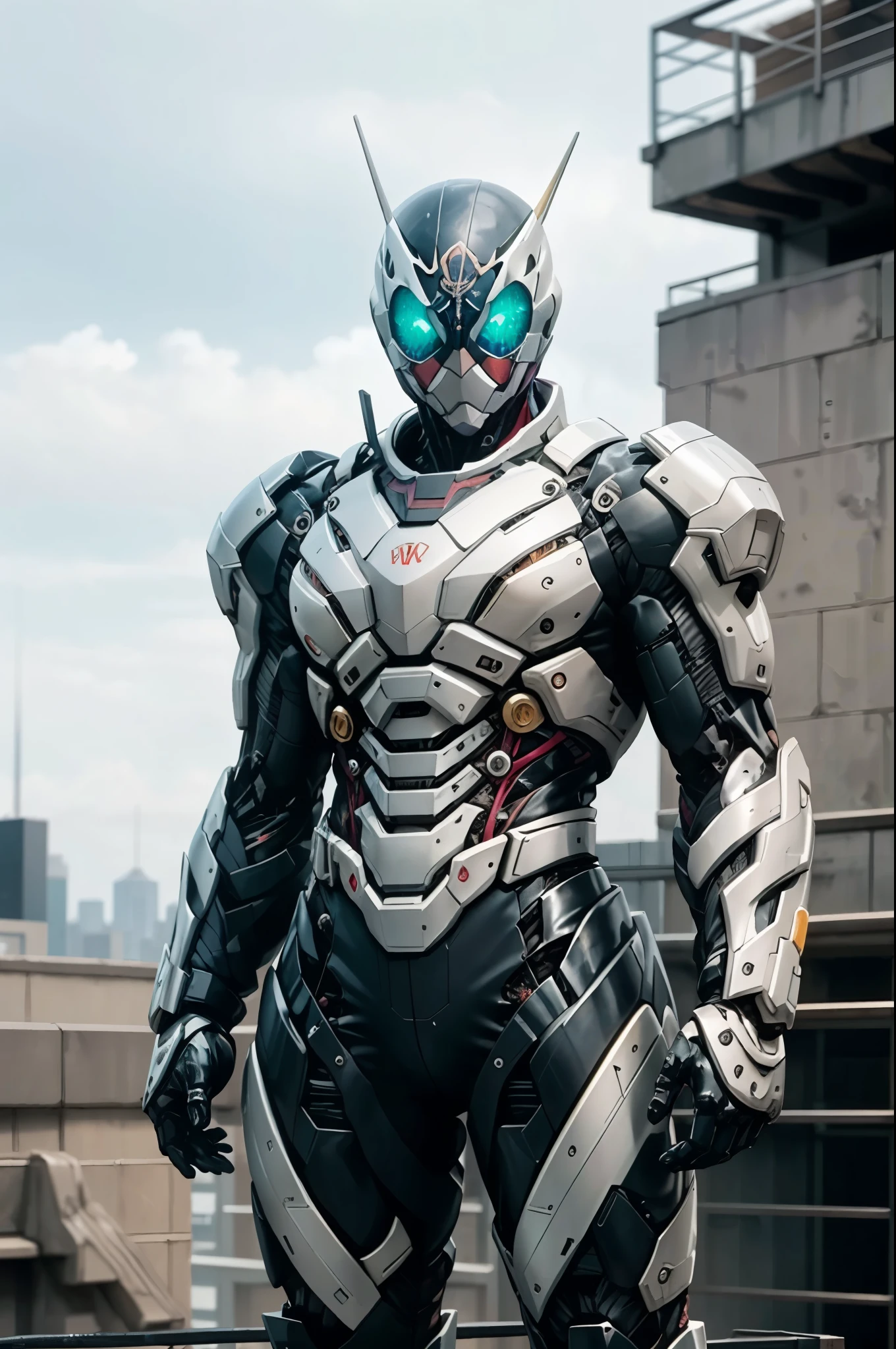 A superhero, a high-tech biotech battle suit, standing on a rooftop, looking over the city, Japanese tokusatsu and American comic style, biometallic texture of the suit, sleek and shiny, dynamic, metallic, sophisticated design, symmetrical face, extremely detailed eyes and face, high quality eyes, high definition, best quality, highres, ultra-detailed, ultra-fine painting, exquisite and mature, extremely delicate, professional, anatomically correct, creativity, UHD, HDR, 32k, Natural light, cinematic lighting, best shadow, masterpiece-anatomy-perfect, masterpiece