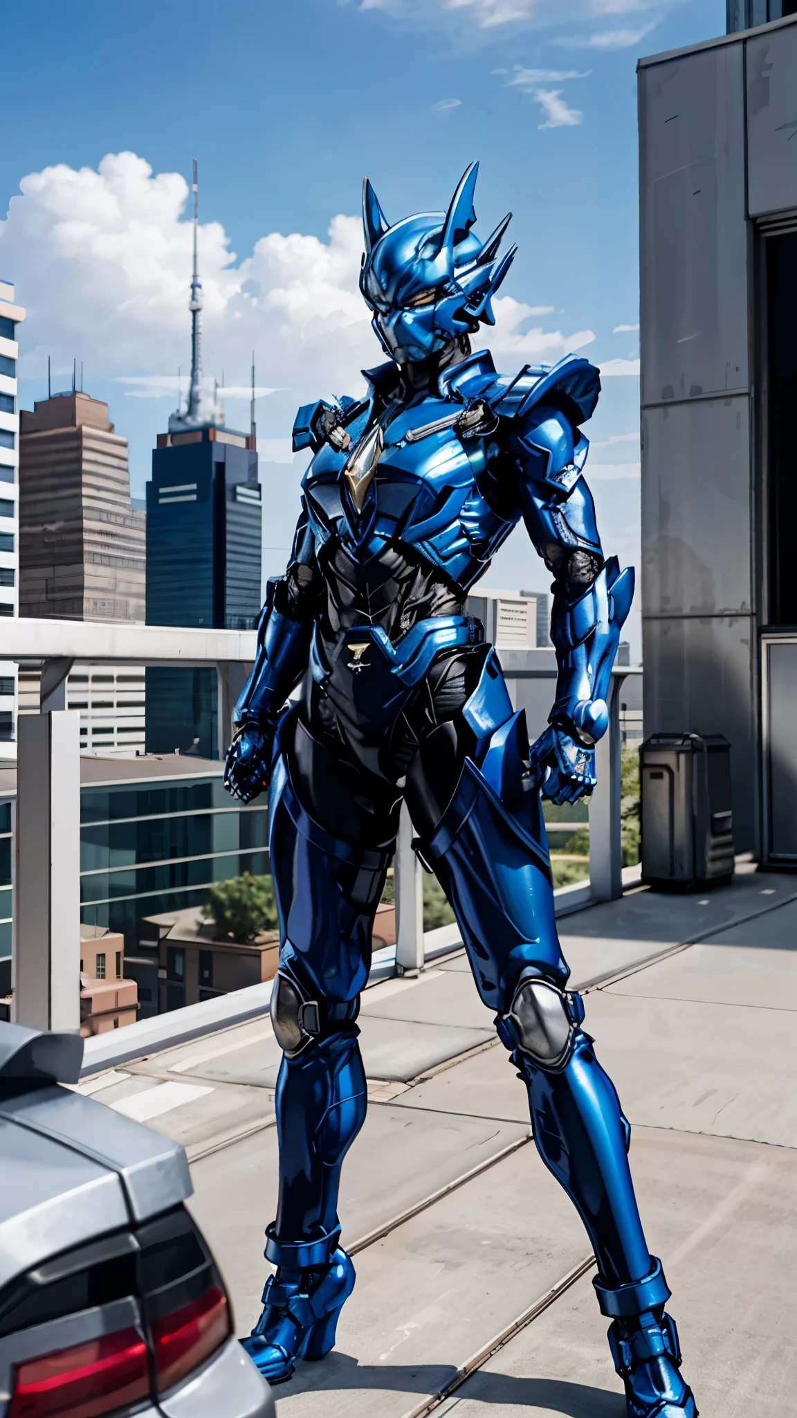 A superhero, a high-tech biotech battle suit, standing on a rooftop, looking over the city, Japanese tokusatsu and American comic style, biometallic texture of the suit, sleek and shiny, dynamic, metallic, sophisticated design, symmetrical face, extremely detailed eyes and face, high quality eyes, high definition, best quality, highres, ultra-detailed, ultra-fine painting, exquisite and mature, extremely delicate, professional, anatomically correct, creativity, UHD, HDR, 32k, Natural light, cinematic lighting, best shadow, masterpiece-anatomy-perfect, masterpiece