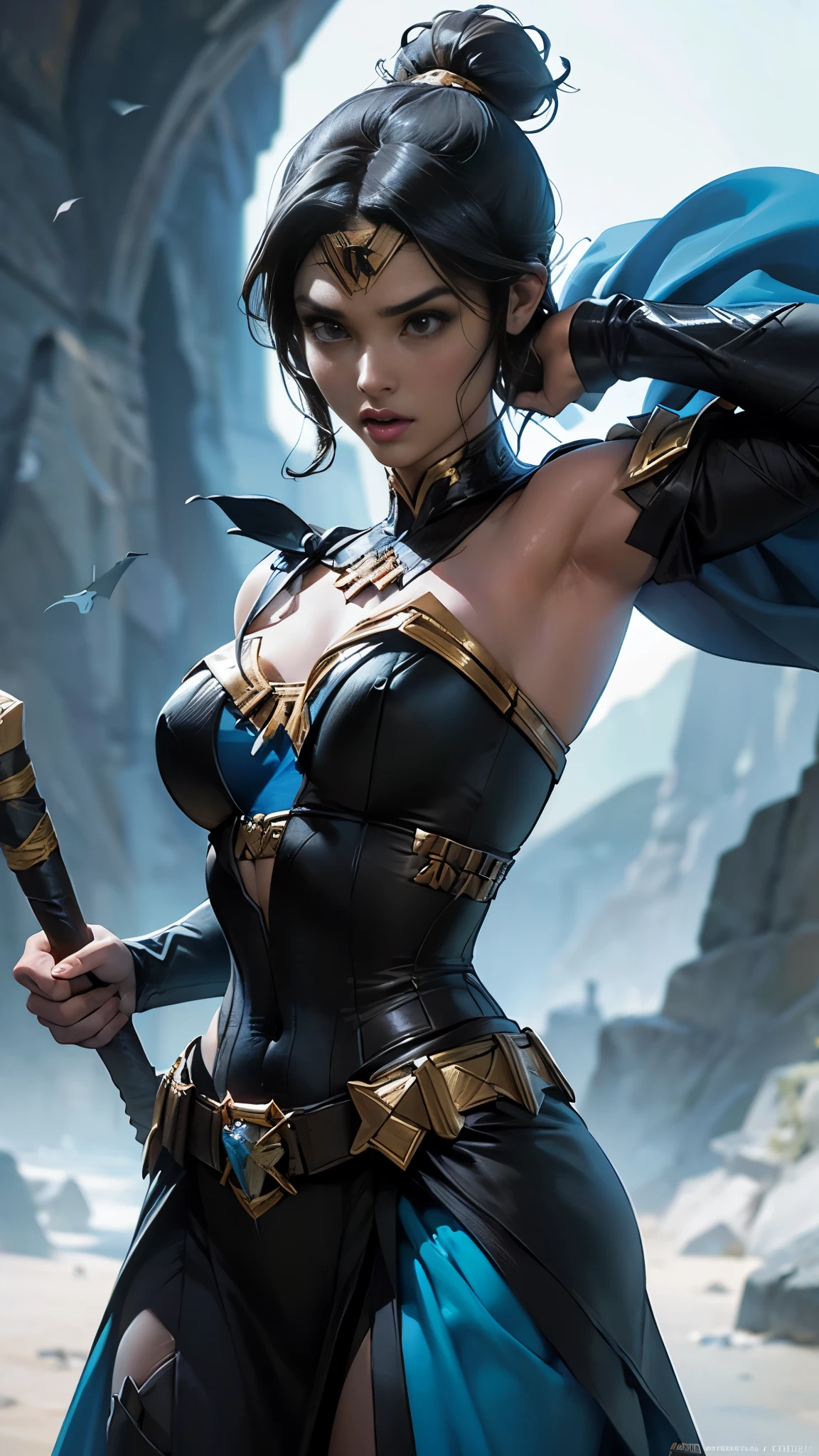 (La mejor calidad,A high resolution,Ultra - detallado,actual),Actess ((Gal Gadot)) como Kitana de Mortal Kombat, En el templo, Wields fans, Body revelador azul y negro, Medias azules, Blue Ninja Mask, tacones altos, (intrincado hair bun), intrincado, alto detalle, sharp focus, dramatic, pintura fotorrealista de greg rutkowski,(hermosos ojos azules), (fondo piedras grandes negro:1.4) , (pose vaquero ), (realistic) ,Arte detallado de alta calidad 8K, Fanart Mejor ArtStation, Fantasy art style , (Perfect anatomy )