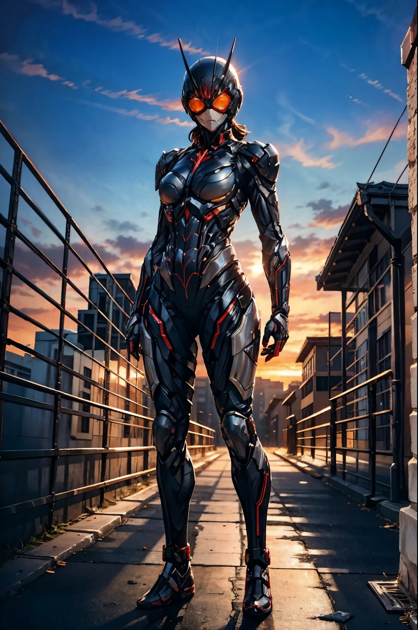 A superhero, a high-tech biotech battle suit, standing on a rooftop, looking over the city, Japanese tokusatsu and American comic style, biometallic texture of the suit, sleek and shiny, dynamic, metallic, sophisticated design, symmetrical face, extremely detailed eyes and face, high quality eyes, high definition, best quality, highres, ultra-detailed, ultra-fine painting, exquisite and mature, extremely delicate, professional, anatomically correct, creativity, UHD, HDR, 32k, Natural light, cinematic lighting, best shadow, masterpiece-anatomy-perfect, masterpiece