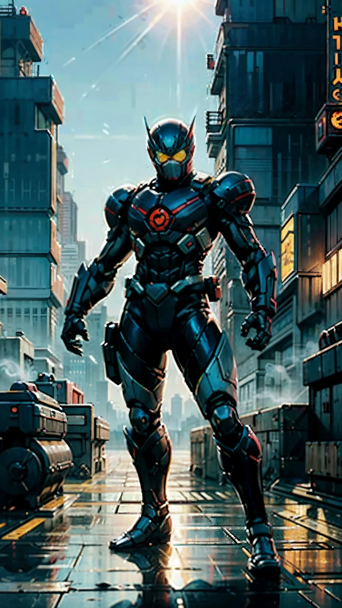 A superhero, a high-tech biotech battle suit, standing on a rooftop, looking over the city, Japanese tokusatsu and American comic style, biometallic texture of the suit, sleek and shiny, dynamic, metallic, sophisticated design, symmetrical face, extremely detailed eyes and face, high quality eyes, high definition, best quality, highres, ultra-detailed, ultra-fine painting, exquisite and mature, extremely delicate, professional, anatomically correct, creativity, UHD, HDR, 32k, Natural light, cinematic lighting, best shadow, masterpiece-anatomy-perfect, masterpiece